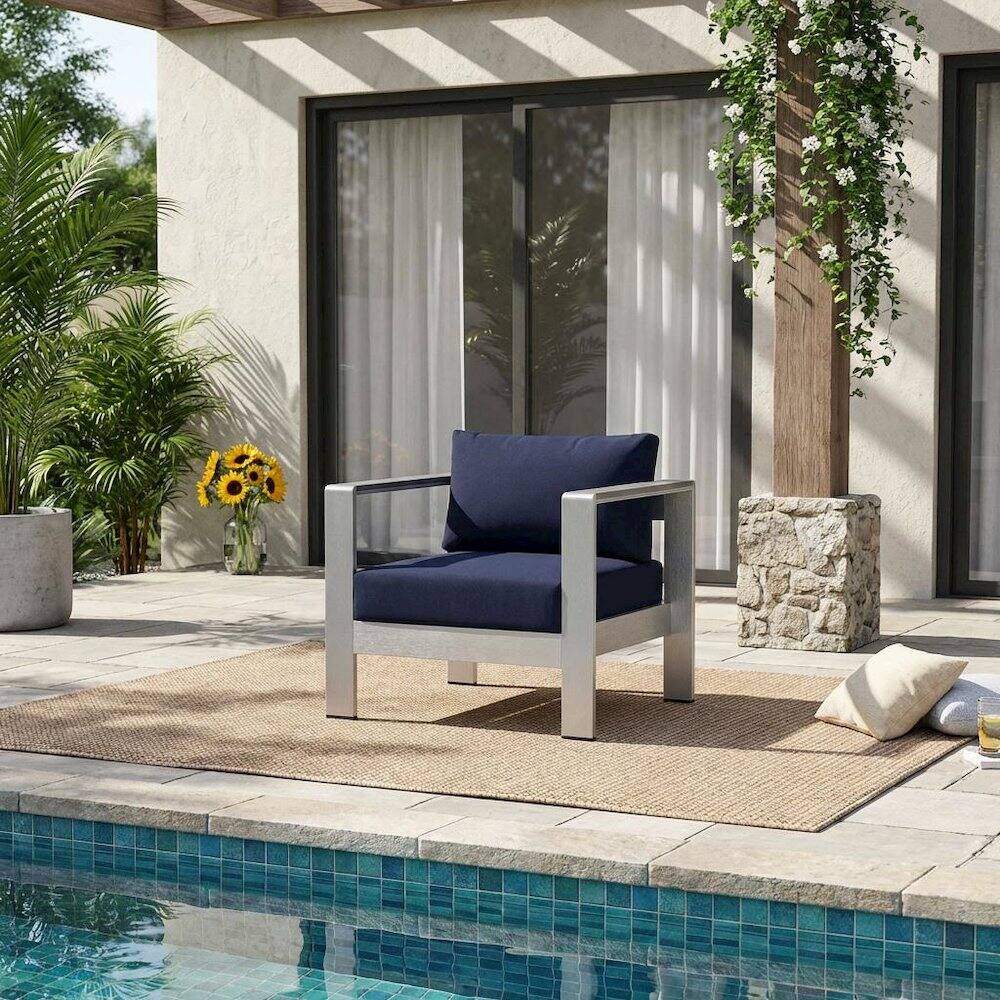 Angle. Outdoor Escape - Aluminum Outdoor Patio Armchair With Fabric Cushion And Modern Design - Silver.