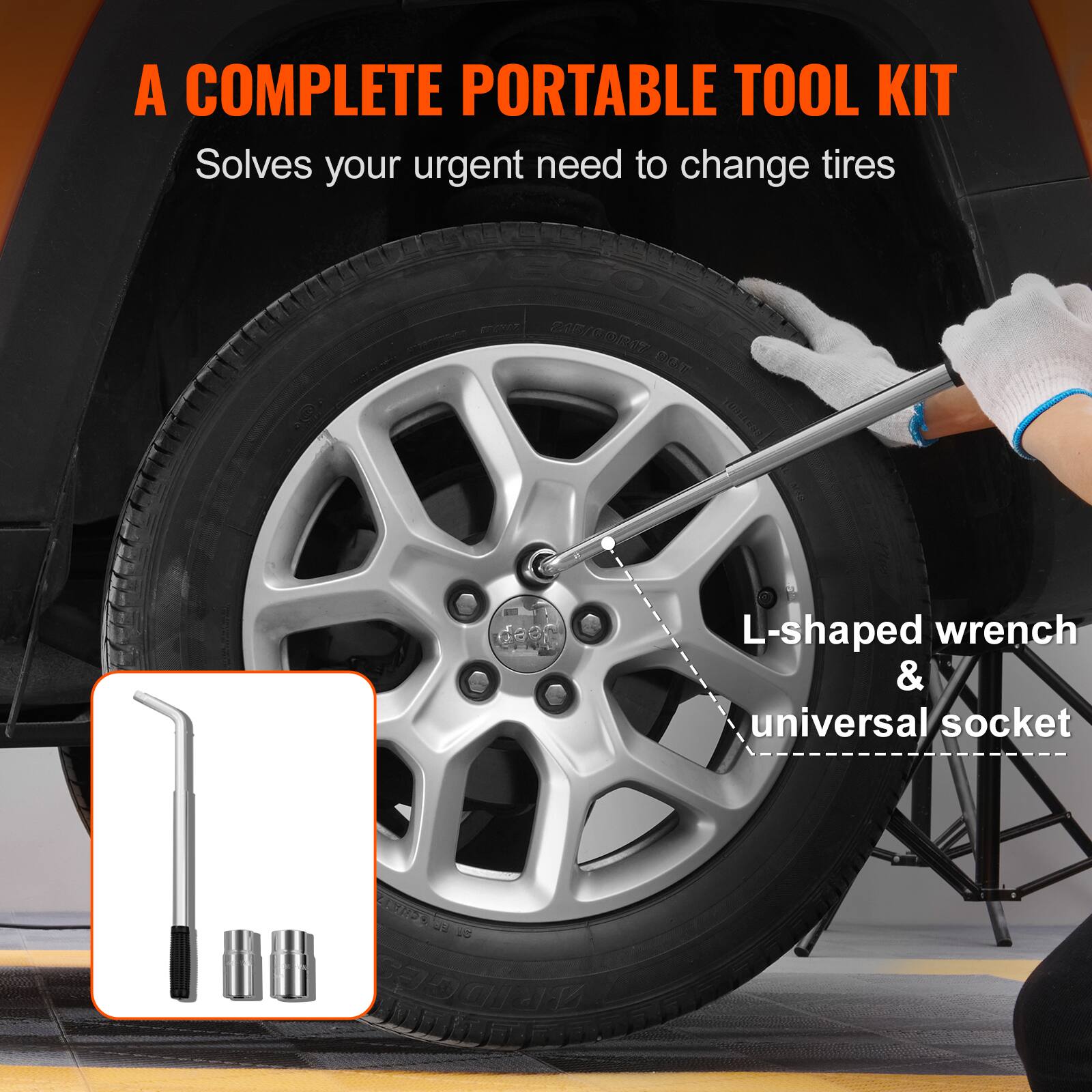 A COMPLETE PORTABLE TOOL KIT  
Solves your urgent need to change tires  

L-shaped wrench & universal socket