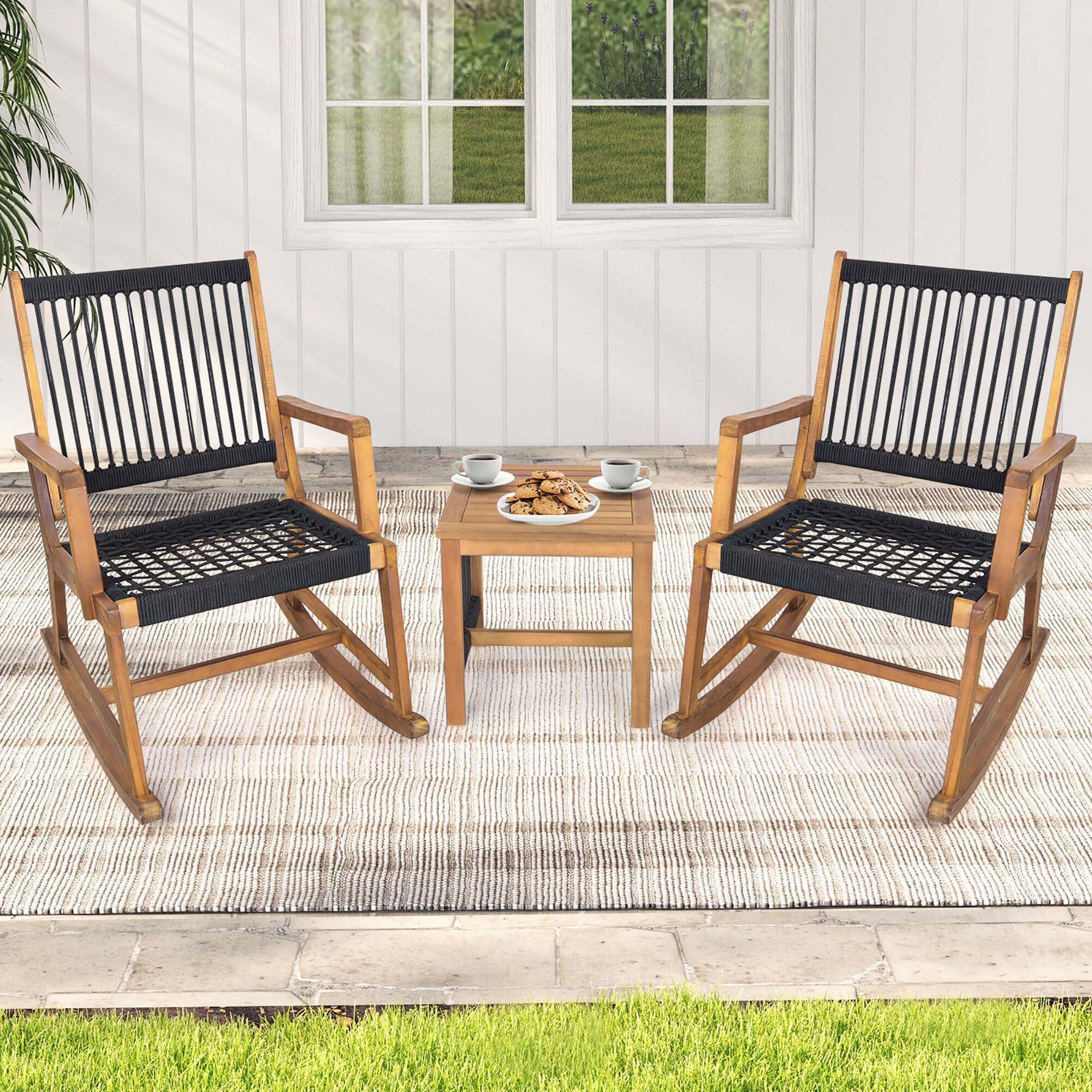 Alt View 2. Gymax - Gymax 3 Piece Acacia Wood Rocking Chair Set w/ Coffee Table & All-Weather Rope Patio Poolside - Black, Natural.