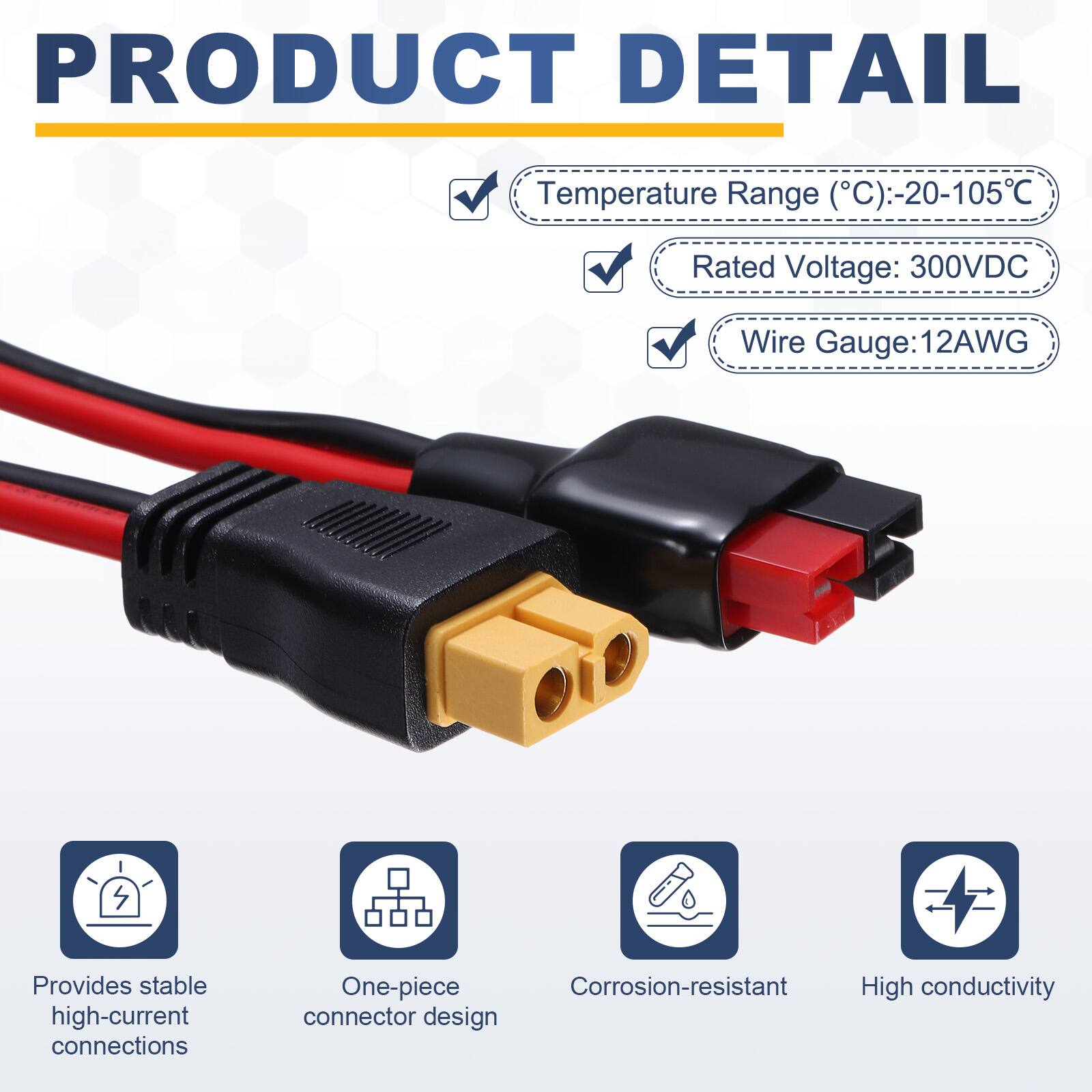 PRODUCT DETAIL

Temperature Range (°C): -20-105°C  
Rated Voltage: 300VDC  
Wire Gauge: 12AWG  

Provides stable high-current connections  
One-piece Corrosion-resistant High conductivity connector design
