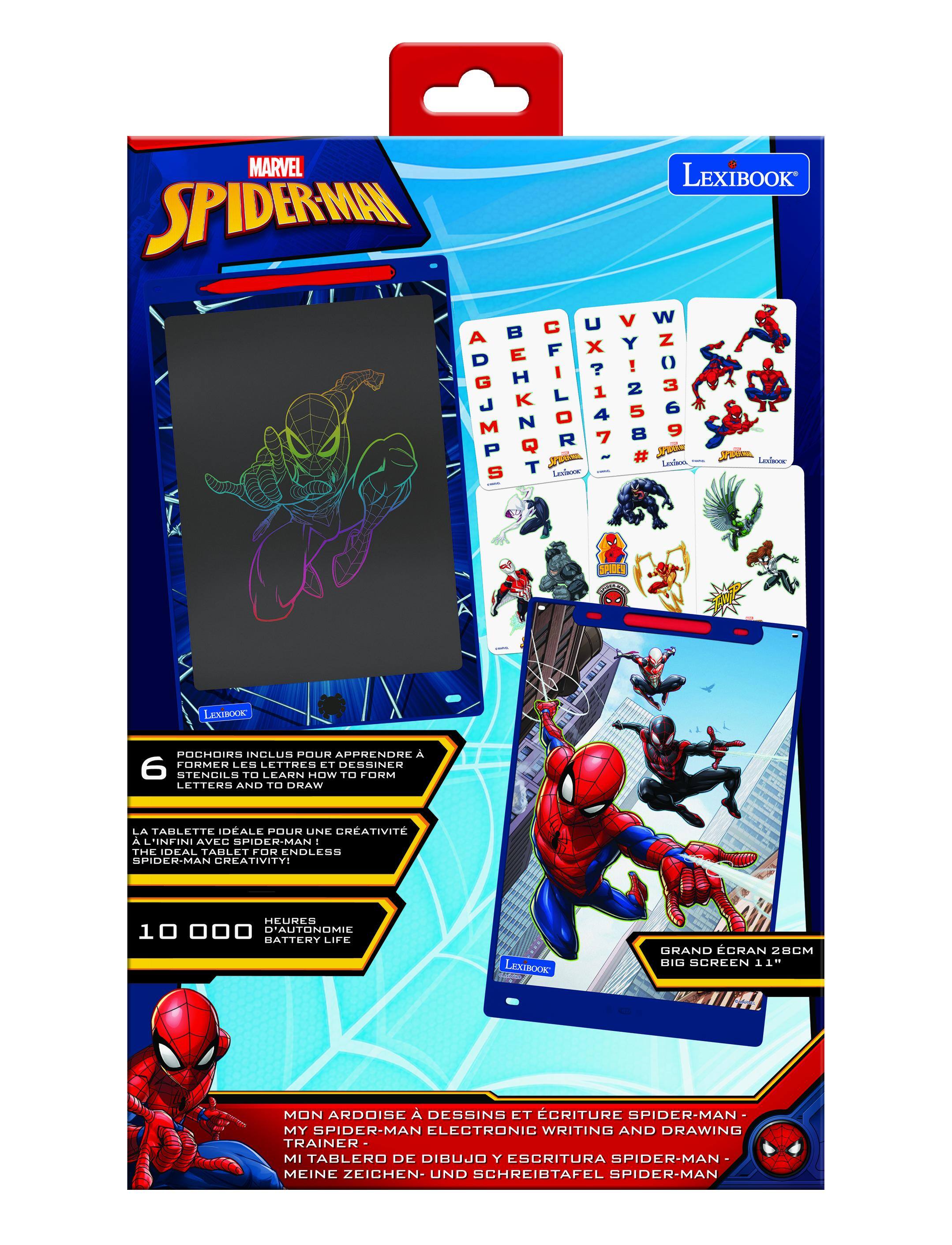 MARVEL LEXIBOOK SPIDERMAN  
U V W B C A Y Z F x ! 0 H I ! ADGJMPS M J BEHKNQT K N CFILOR L UX?147 1 4 7 VY258# 2 5 8 3 6 9 P Q Jea Sm LnsTeoe Lecison S LosTsooe  
SPIDERS LEXIBOOK POCHOIRS INCLUS POUR APPRENDRE A FORMER LES LETTRES ET DESSINER STENCILS TO LEARN HOW TO FORM LETTERS AND DRAW  
LA TAHLETTE DALE POUR UNK CRATIVIT A L'INFINI AVEC PIDER-MAN - THE IDEAL TAHLET FOR ENDLESS SPIDER-MAN CREATIVITY:  
HEURES 10 0.. D'AUTONOMIE HATTERY LIFE LEXTBOOK GRAND CCRAN 28CM DIG SCREEN 11.  
MON ARDOISE DESSINS ET CRITURE SPIDER-MAN- MY SPIDER-MAN ELECTRONIC WRITING AND DRAWING TRAINER MI TABLERO DE DIBUJO Y
