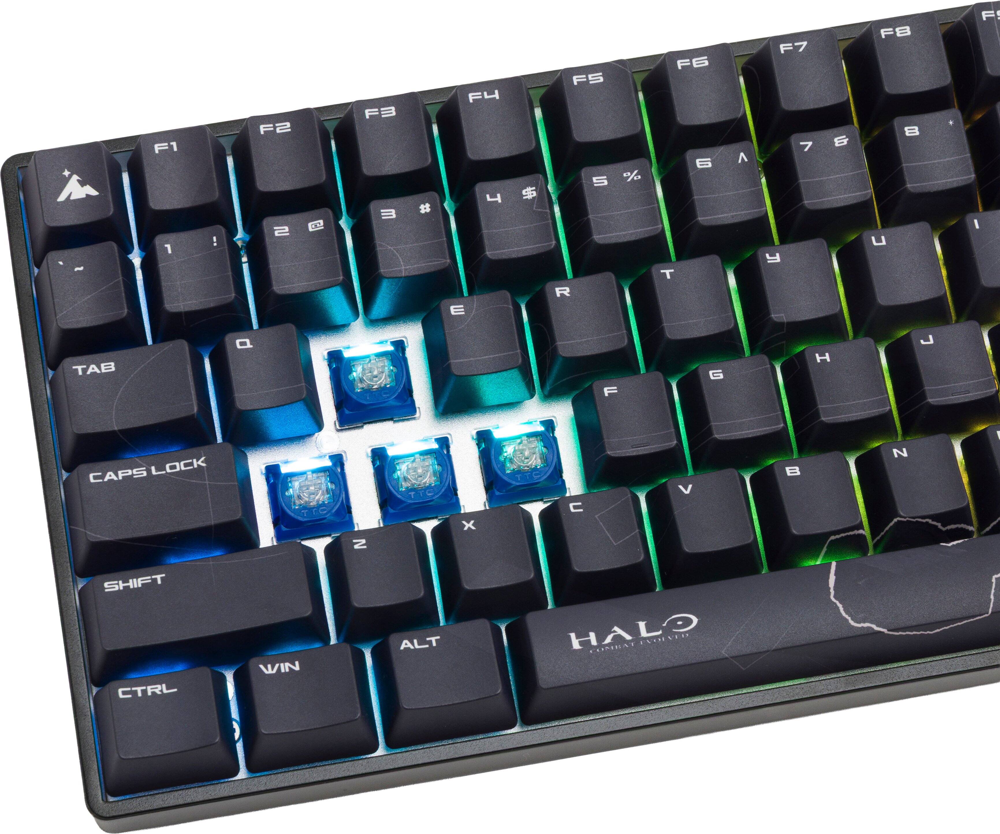 F1 1 ! F2 2 @ F3 3 # F4 4 $ F5 5 % F6 6 ^ F7 7 & F8 8 *  
TAB Q W E R T Y U I  
CAPS LOCK A S D F G H J K L  
SHIFT Z X C V B N M  
CTRL WIN ALT  
HALO  
GAMING KEYBOARD