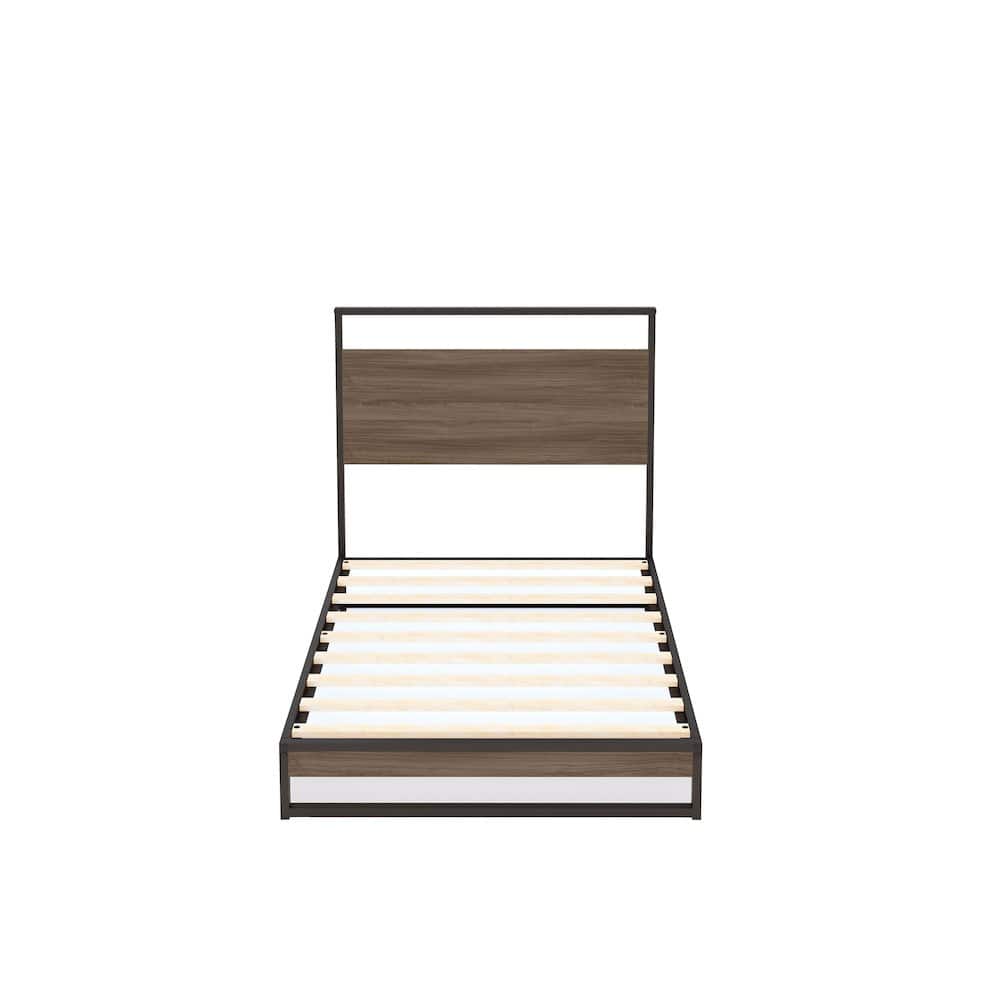 East West Furniture - Wilson Metal Platform Bed with 4 Metal Legs - Lavish Bed in Powder Coating Color and Weathered Wood Laminate - Black