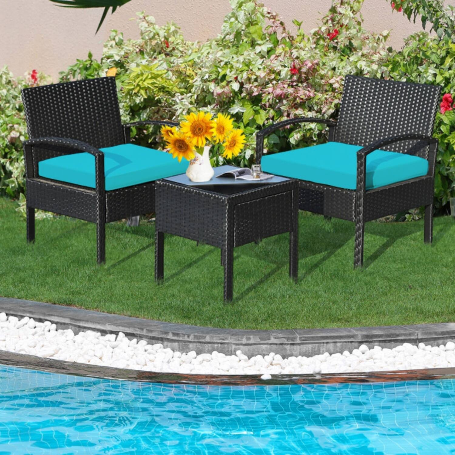 Alt View 1. Mondawe - 3-Piece Freestanding Rattan Patio Conversation Set with Cushions and Glass Table - Turquoise.