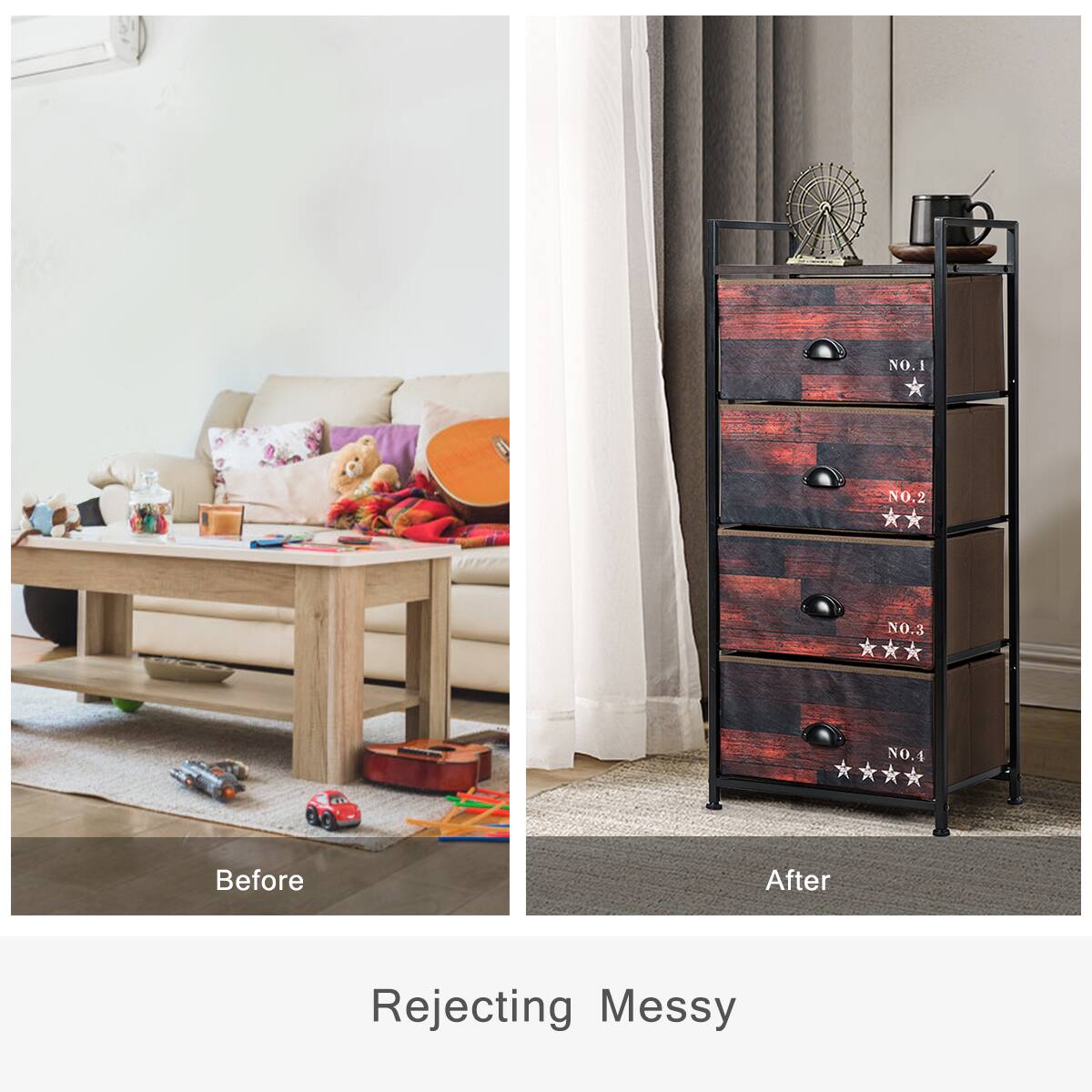 Before:

1. A couch with pillows and a blanket on it.
2. A coffee table with a book and a remote control on it.
3. A wooden dresser with a drawer and a star on it.

After:

1. A couch with pillows and a blanket on it.
2. A coffee table with a book and a remote control on it.
3. A wooden dresser with a drawer and a star on it.