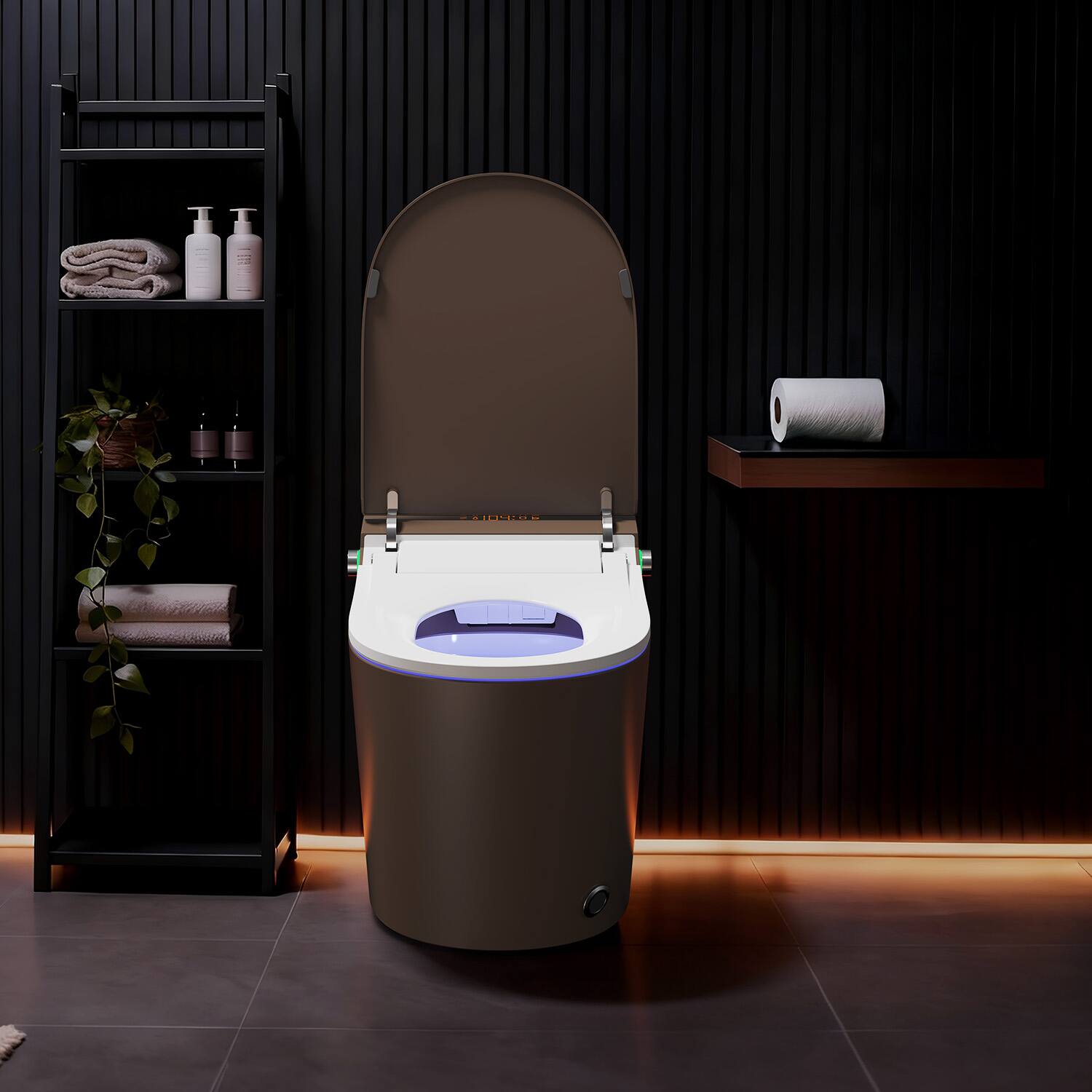 Angle. Koligey - Smart Toilet With Tankless Bidet Wash, 1.28 Gallons Auto Flush, Dual-Flush Siphon Jet, Heated Seat, Warm Wash/Dryer - Coffee Brown.