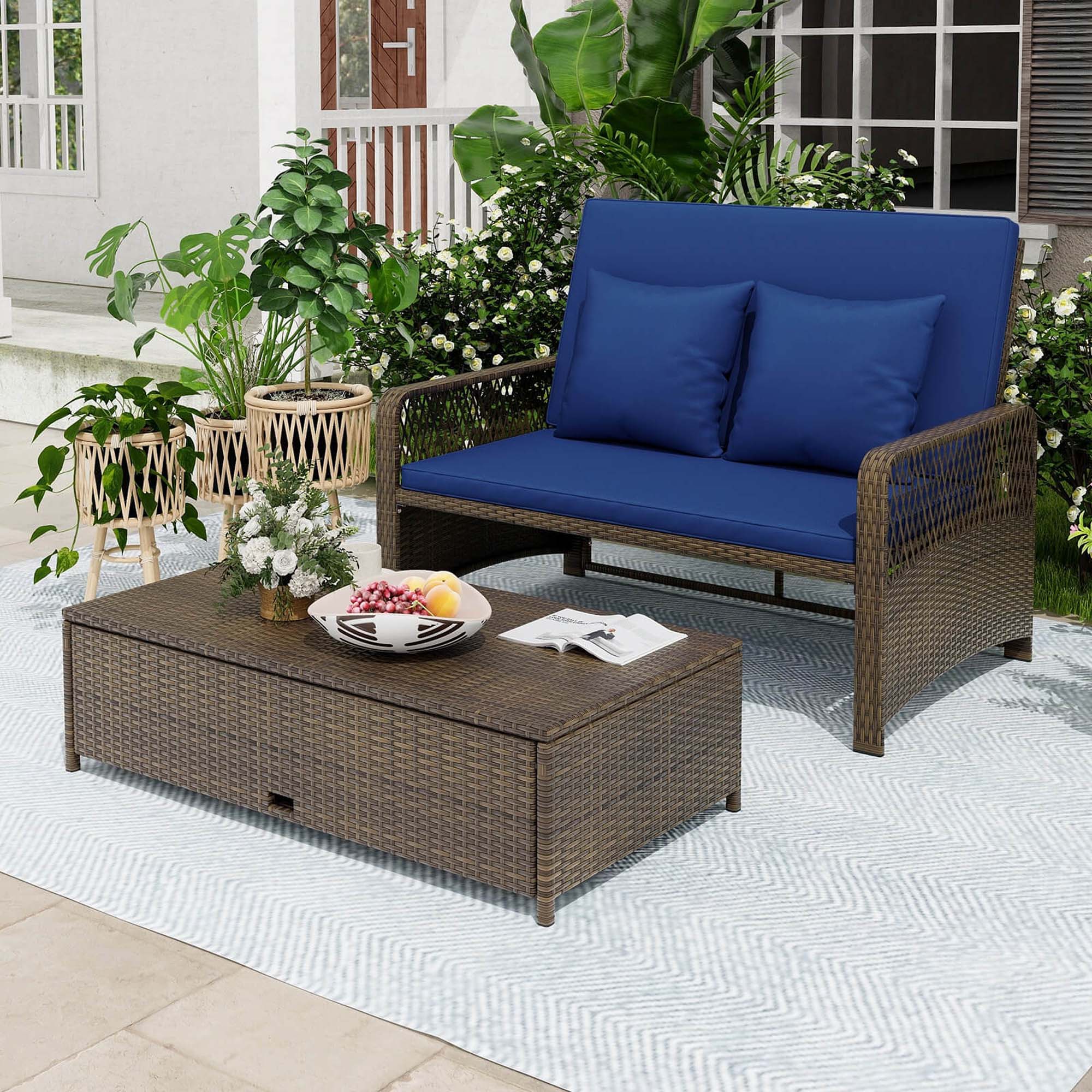 Alt View 1. Costway - Patio Rattan Daybed Wicker Loveseat Sofa with Multifunctional Ottoman - Mix Brown + Blue.