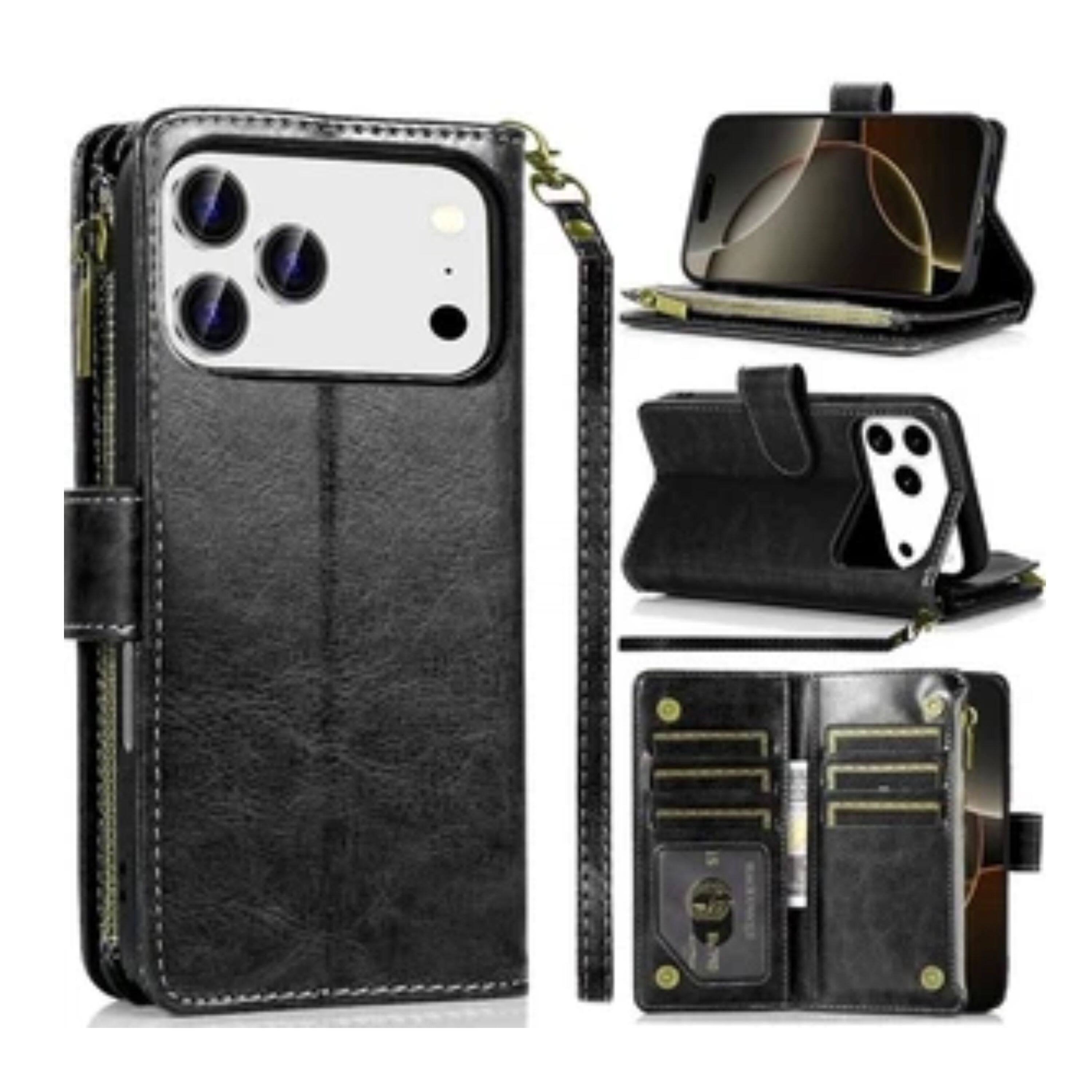 Angle. Kitcheniva - PU Leather Phone Wallet Zipper With Tempered Glass For iPhone 17 Pro Max Black - Black.