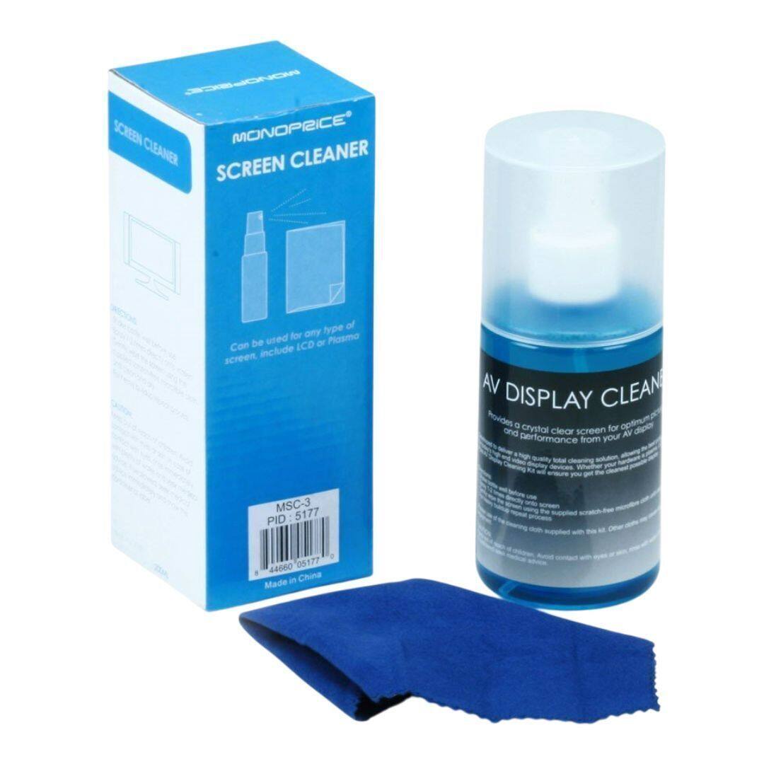 MONOPRICE SCREEN CLEANER

AV DISPLAY CLEANER

Can be used for any type of screen, including LCD or Plasma

Provides a crystal clear screen for optimum display and performance from your AV device

A high-quality total cleaning solution that will ensure you get the cleanest possible screen

Supplied with a scratch-free microfiber cloth

MSC-3
PID: 5177

Made in China