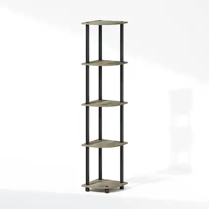 Front. Furinno - TURN-N-TUBE 5-Tier Shelving Unit, Corner Shelf, Corner Display Rack, for Organization and Storage - Grey Oak/Black.