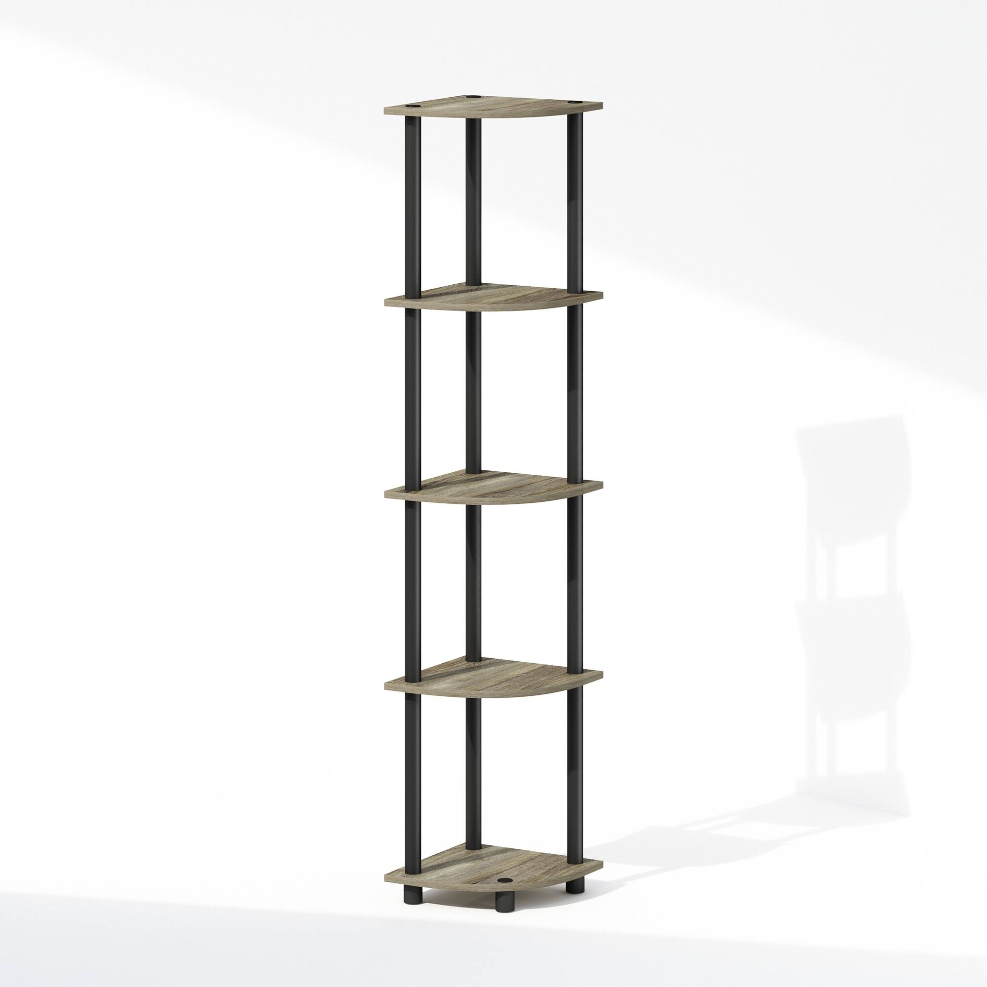 Front. Furinno - TURN-N-TUBE 5-Tier Shelving Unit, Corner Shelf, Corner Display Rack, for Organization and Storage - Grey Oak/Black.