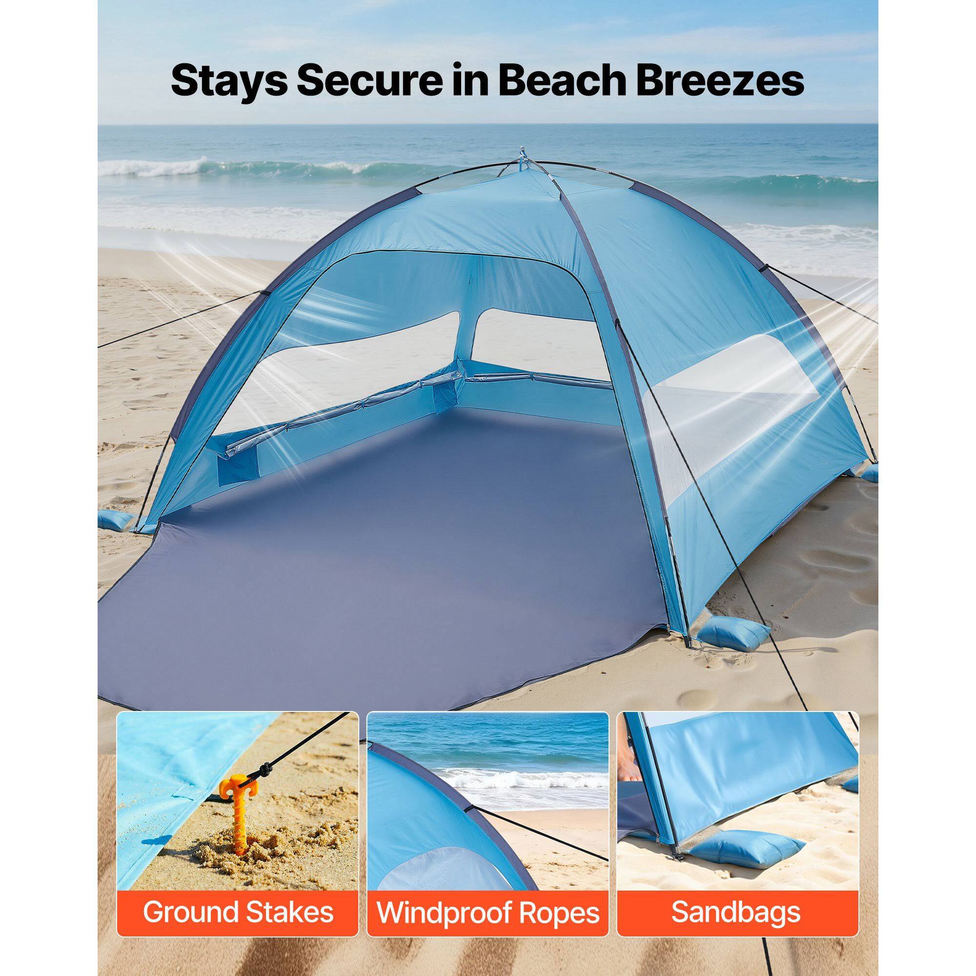 Stays Secure in Beach Breezes  
Ground Stakes  
Windproof Ropes  
Sandbags