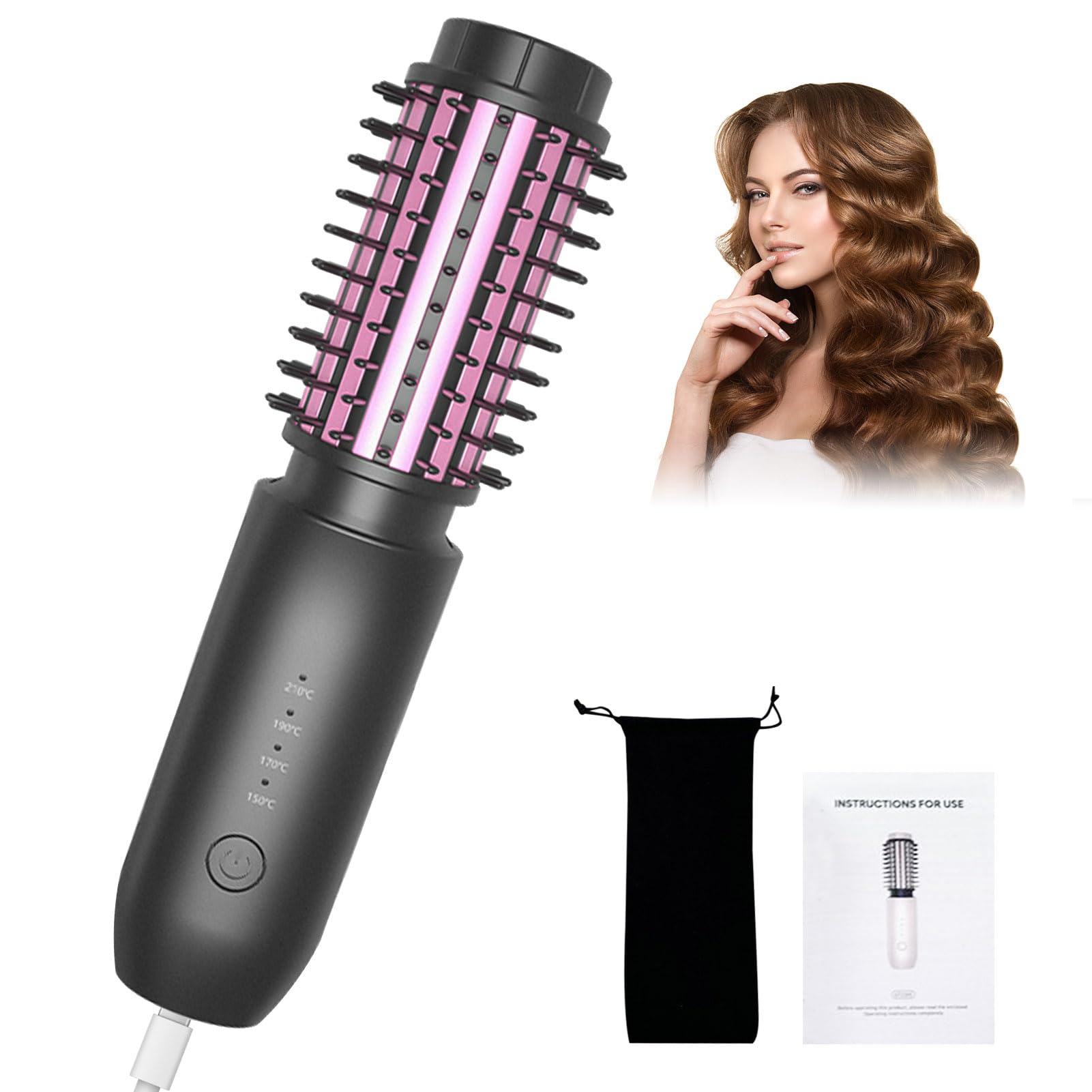 Live At Space - Portable Curling Iron 1.5" Cordless Hair Curler 2 In 1 Travel & Straightener Brush Quick Heating 4 Adjustable - Black