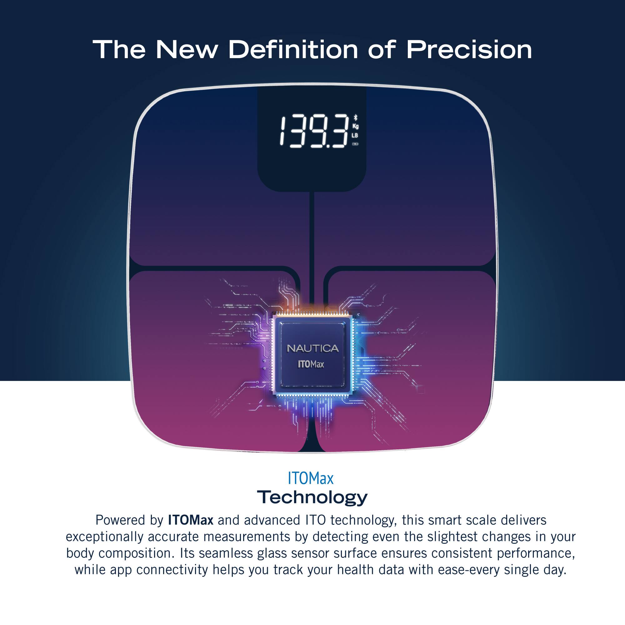 The New Definition of Precision: 1393 - NAUTICA ITOMax ITOMax Technology Powered by ITOMax and advanced ITO technology, this smart scale delivers exceptionally accurate measurements by detecting even the slightest changes in your body composition. Its seamless glass sensor surface ensures consistent performance, while app connectivity helps you track your health data with ease - every single day.