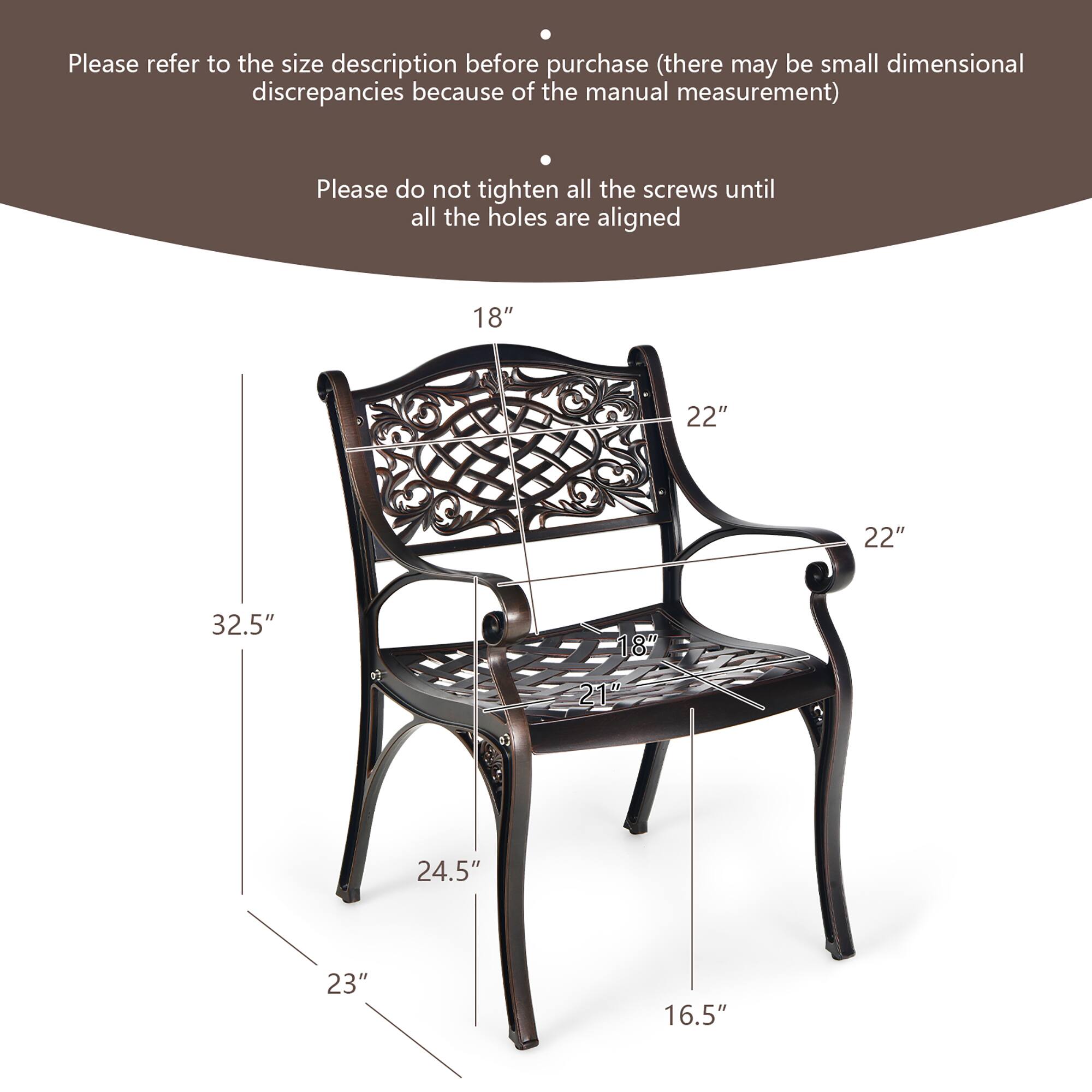 Please refer to the size description before purchase (there may be small dimensional discrepancies because of the manual measurement)

Please do not tighten all the screws until all the holes are aligned

18" 22" 22" 32.5" 18" 21" 24.5" 23" 16.5"