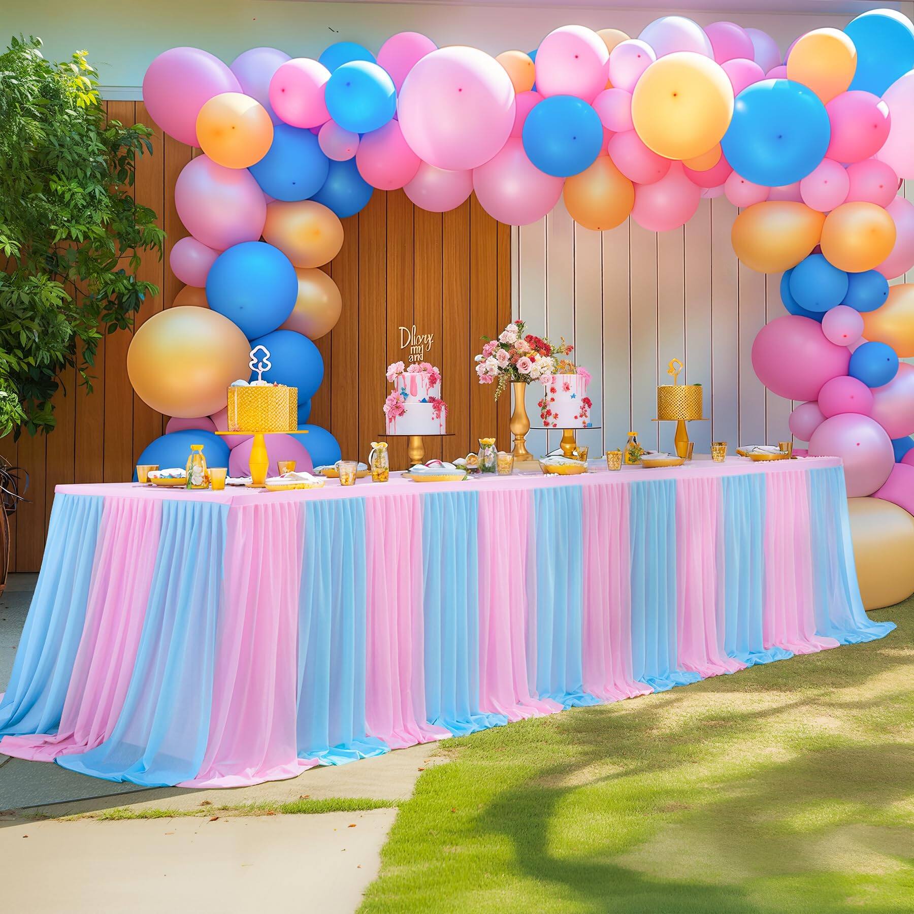 Alt View 8. Dapper Styles - Tulle Tablecloth For Rectangle Tables 3 Sides Wedding Birthday Party Shower Cake Dessert Buffet Banquet Tab... - Blue Pink-72" x 30" (Rectangular).