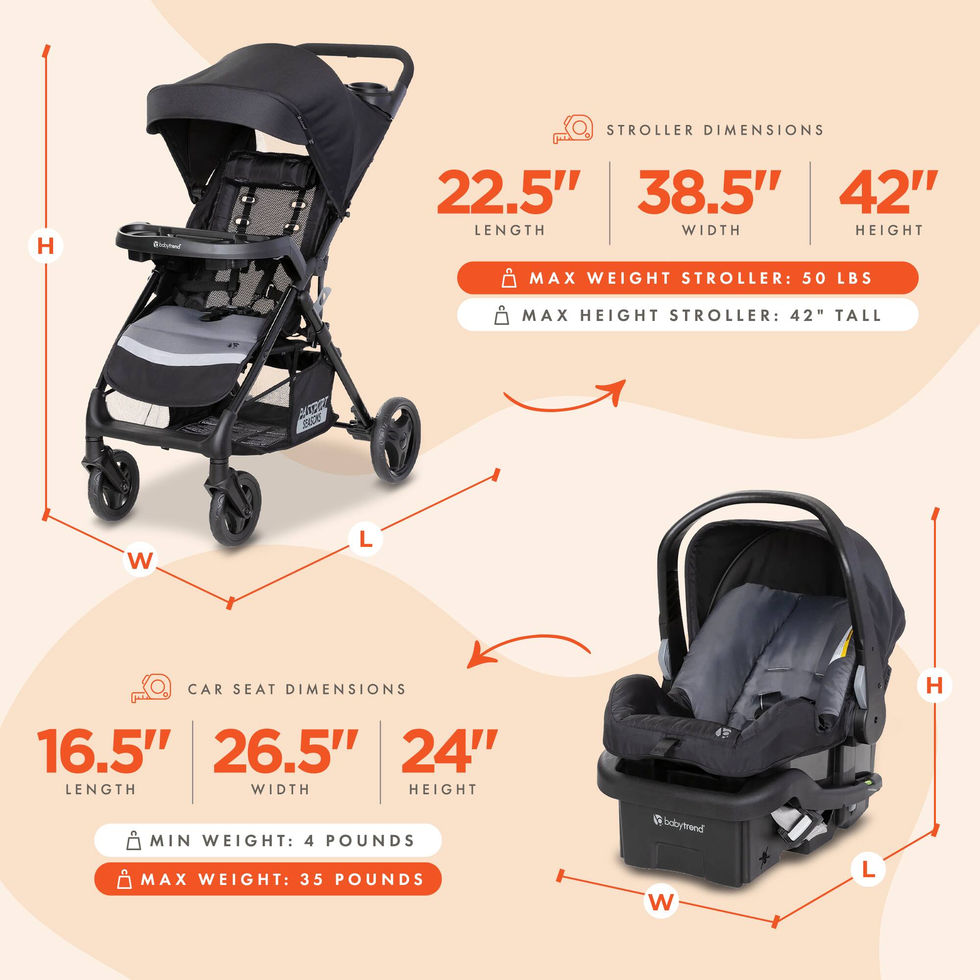 STROLLER DIMENSIONS  
LENGTH: 22.5"  
WIDTH: 38.5"  
HEIGHT: 42"  
MAX WEIGHT STROLLER: 50 LBS  
MAX HEIGHT STROLLER: 42" TALL  

CAR SEAT DIMENSIONS  
LENGTH: 16.5"  
WIDTH: 26.5"  
HEIGHT: 24"  
MIN WEIGHT: 4 POUNDS  
MAX WEIGHT: 35 POUNDS