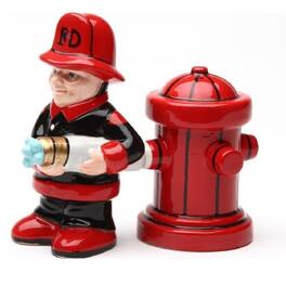 Pacific Trading - Fireman with Hose and Hydrant 4 Inch Ceramic Magnetic Salt and Pepper Shaker Set Novelty Gift - Red