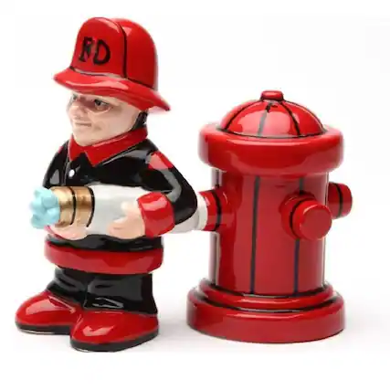 Front. Pacific Trading - Fireman with Hose and Hydrant 4 Inch Ceramic Magnetic Salt and Pepper Shaker Set Novelty Gift - Red.