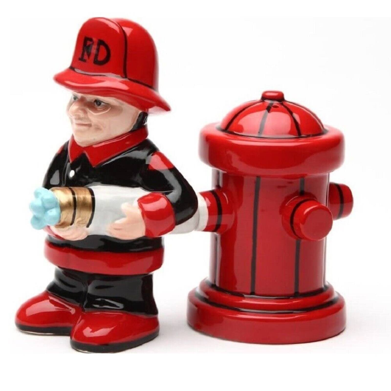 Front. Pacific Trading - Fireman with Hose and Hydrant 4 Inch Ceramic Magnetic Salt and Pepper Shaker Set Novelty Gift - Red.