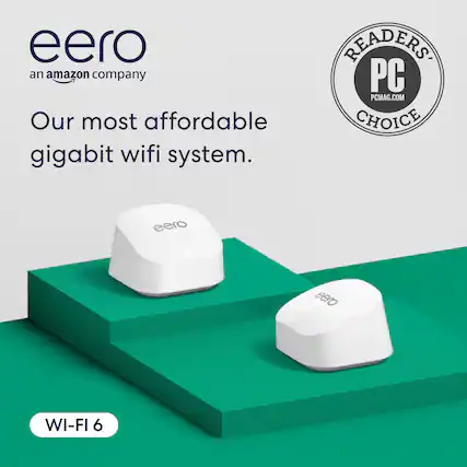 "Eero, an Amazon company, offers the most affordable gigabit Wi-Fi system. This product has been chosen as the Readers' PCMAG.COM Choice for Wi-Fi 6."