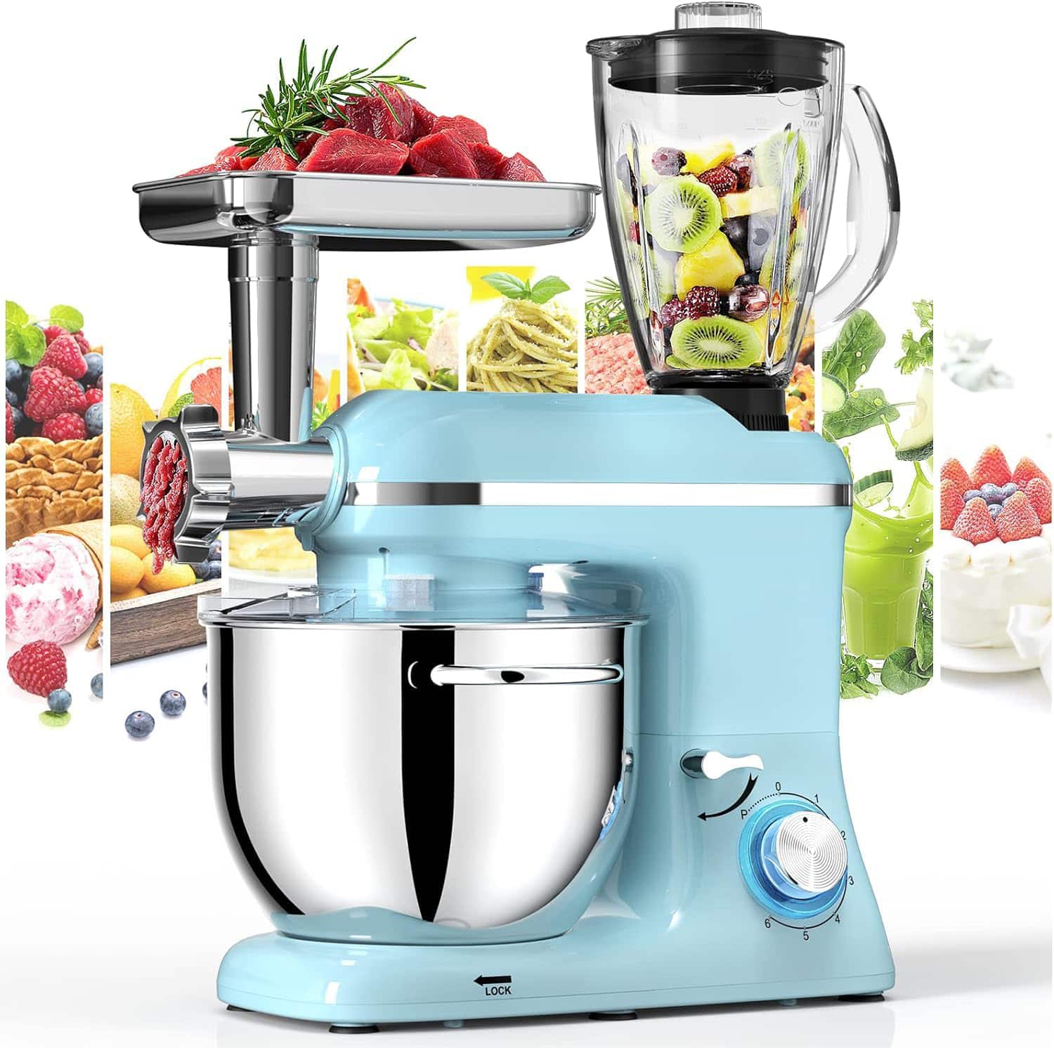 GlowWise - 9-in-1 Stand Mixer: The Ultimate Kitchen Powerhouse with 850W Motor, 8QT Bowl, Meat Grinder & Glass Jar - Blue