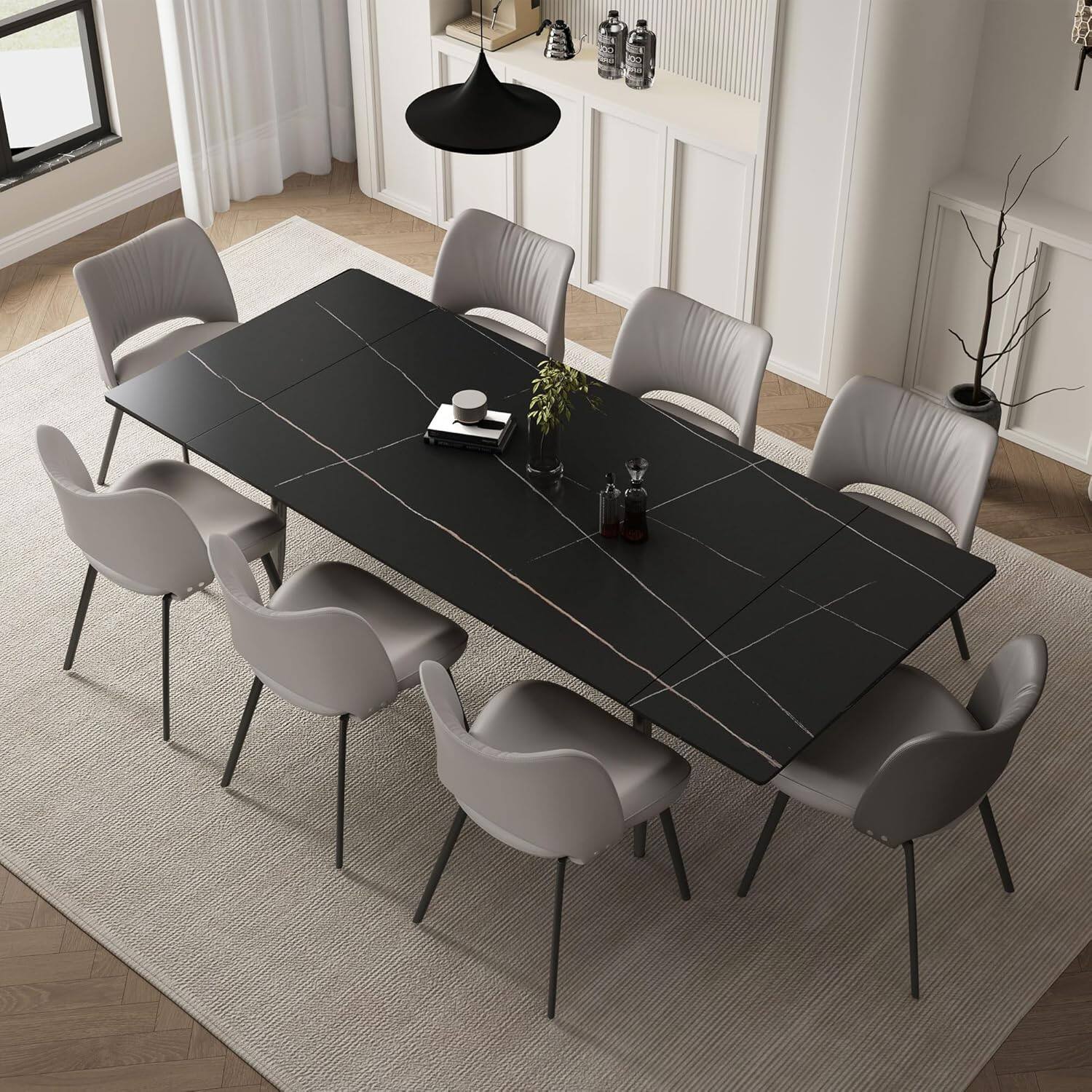 Left. luck idea - Extendable Sintered Stone Dining Table 62.9"-94.4" Heat Scratch Resistant Black Rock Slate Metal Leg Kitchen Table - black.