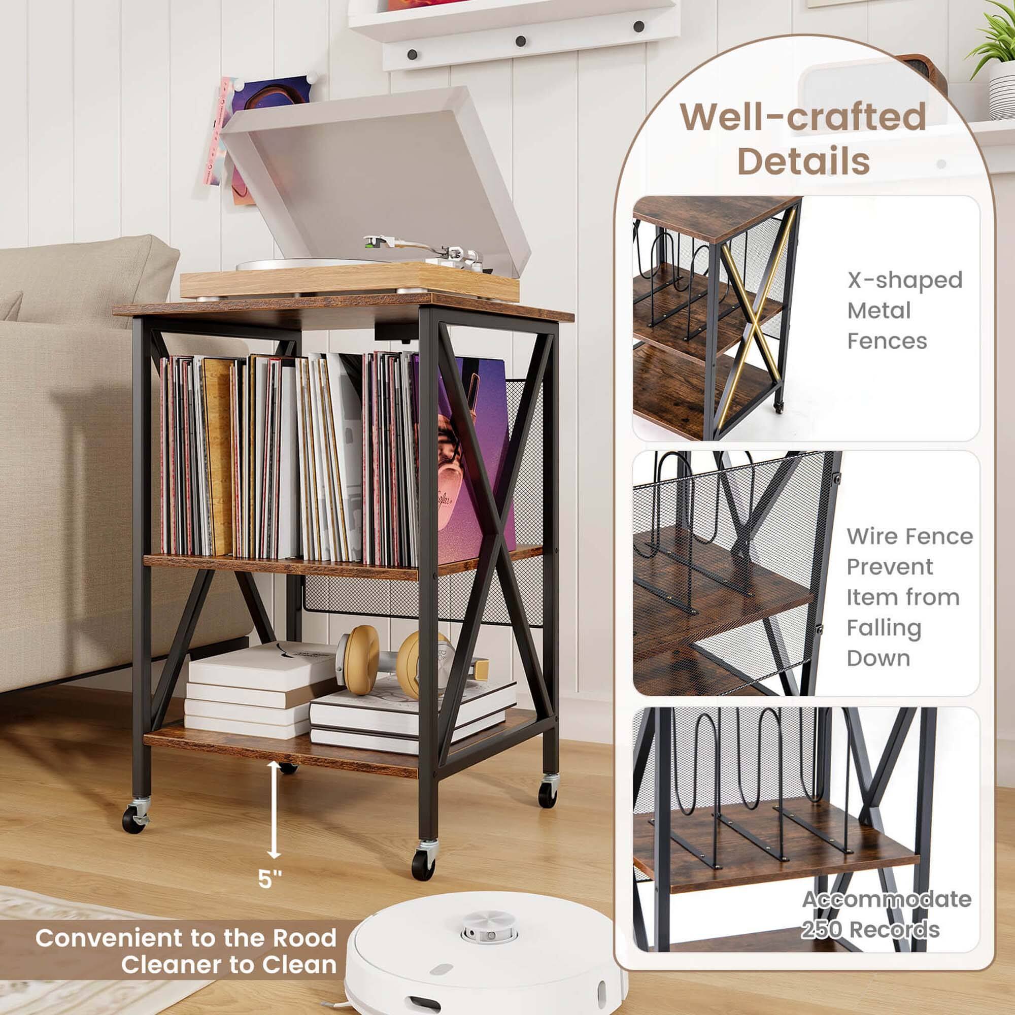 Well-crafted Details

- X-shaped Metal Fences
- Wire Fence Prevent Item from Falling Down
- Accommodate 250 Records

Convenient to the Rood Cleaner to Clean

5"