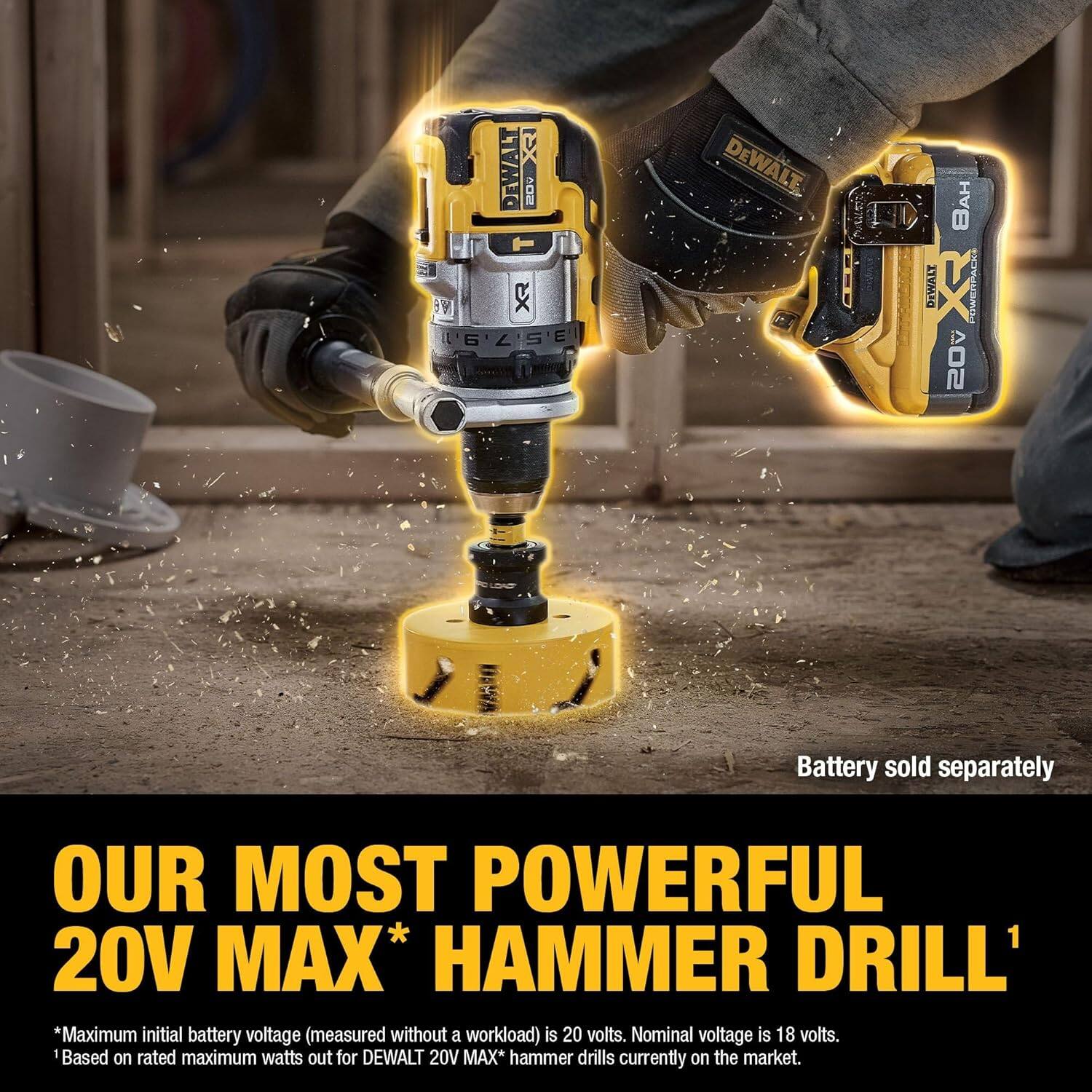 K DEWALT i 69 FX 16'4SE 6 L 5 E DEWALT M DeWALT BAH IWERPACK 02 Battery sold separately OUR MOST POWERFUL 20V MAX* HAMMER DRILL' *Maximum initial battery voltage (measured without a workload) is 20 volts. Nominal voltage is 18 volts. Based on rated maximum watts out for DEWALT 20V MAX* hammer drills currently on the market.