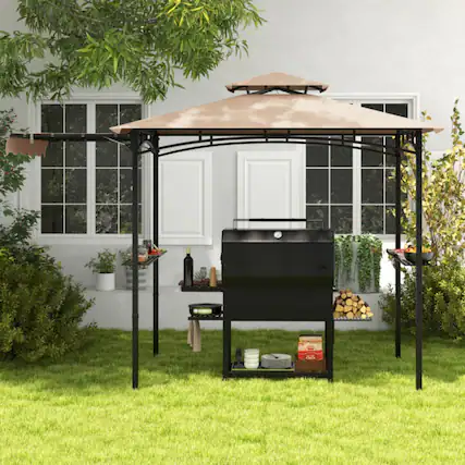 Front. Mondawe - 11 x 5 FT Freestanding Grill Gazebo with Side Awning and Double-Tier Top - Beige.