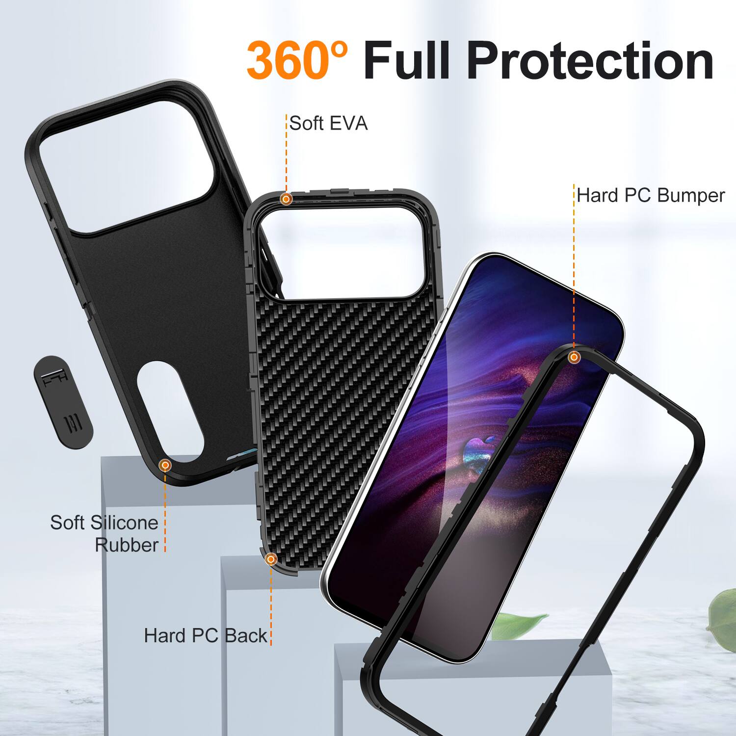 360° Full Protection

- Soft EVA
- Hard PC Bumper
- Soft Silicone Rubber
- Hard PC Back