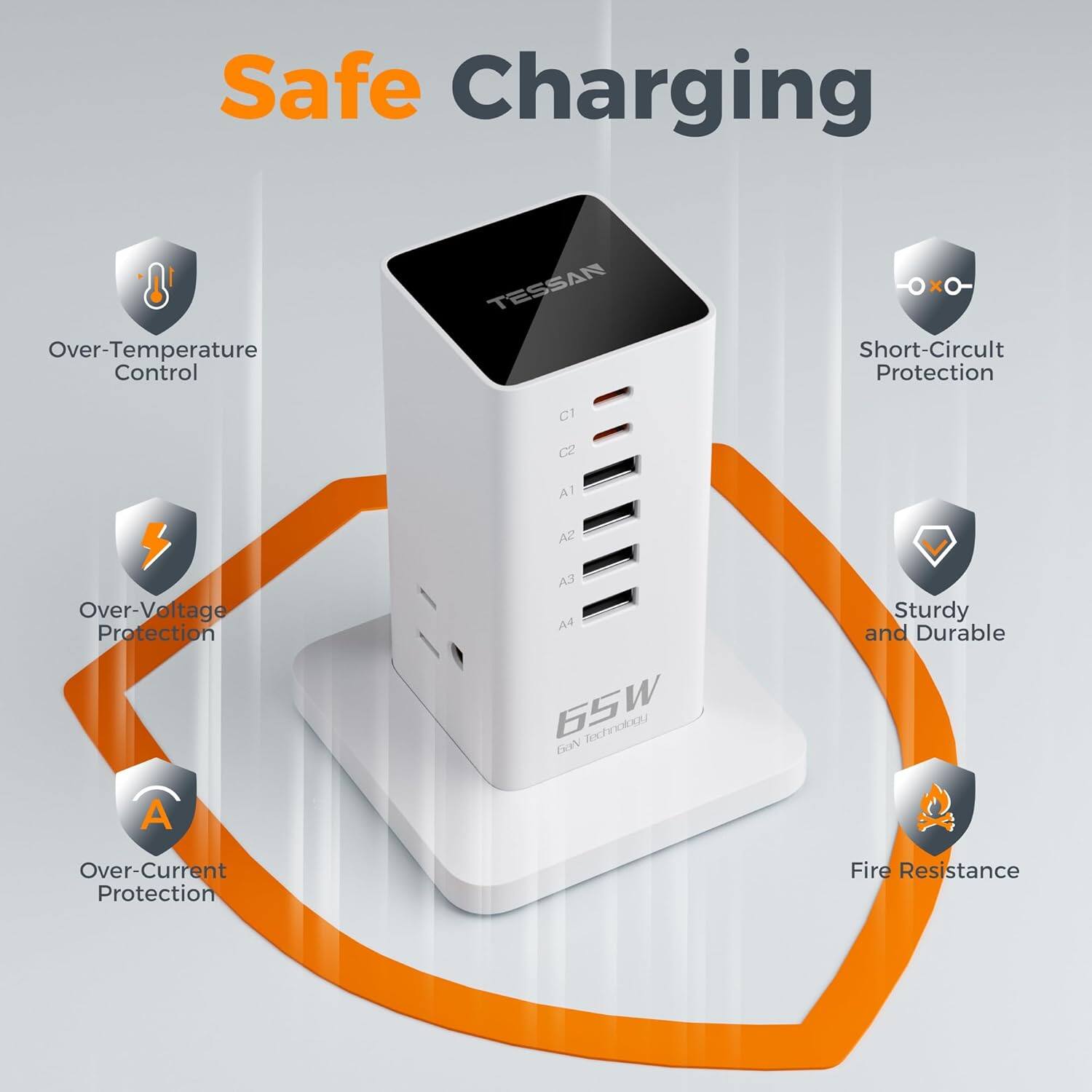 Safe Charging  
Over-Temperature Control  
Short-Circuit Protection  
Over-Voltage Protection  
Over-Current Protection  
Sturdy and Durable  
Fire Resistance