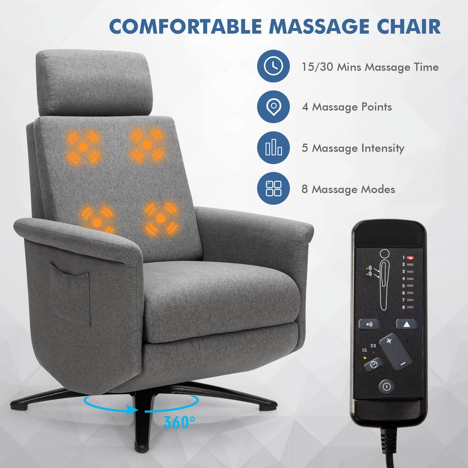 COMFORTABLE MASSAGE CHAIR

- 15/30 Mins Massage Time
- 4 Massage Points
- 5 Massage Intensity
- 8 Massage Modes

360°