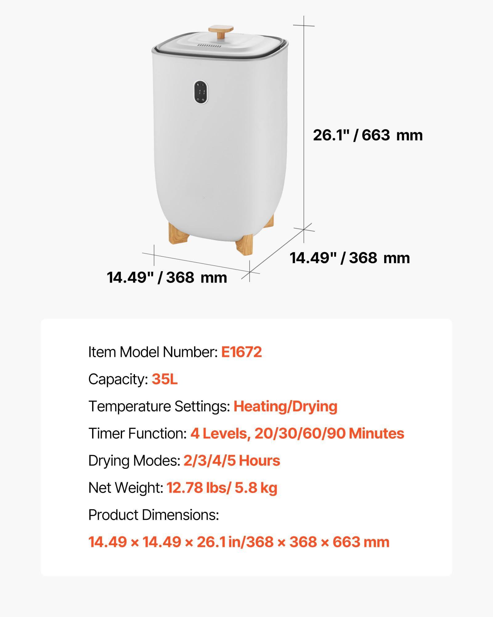 26.1" / 663 mm  
14.49" / 368 mm  
14.49" / 368 mm  

Item Model Number: E1672  
Capacity: 35L  
Temperature Settings: Heating/Drying  
Timer Function: 4 Levels, 20/30/60/90 Minutes  
Drying Modes: 2/3/4/5 Hours  
Net Weight: 12.78 lbs / 5.8 kg  
Product Dimensions: 14.49 x 14.49 x 26.1 in / 368 x 368 x 663 mm