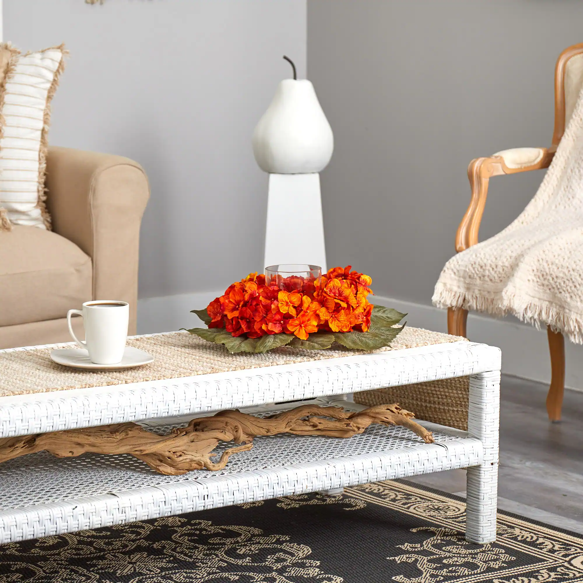 Angle. BreeBe - 14" Autumn Hydrangea Artificial Candelabrum Arrangement - Orange.