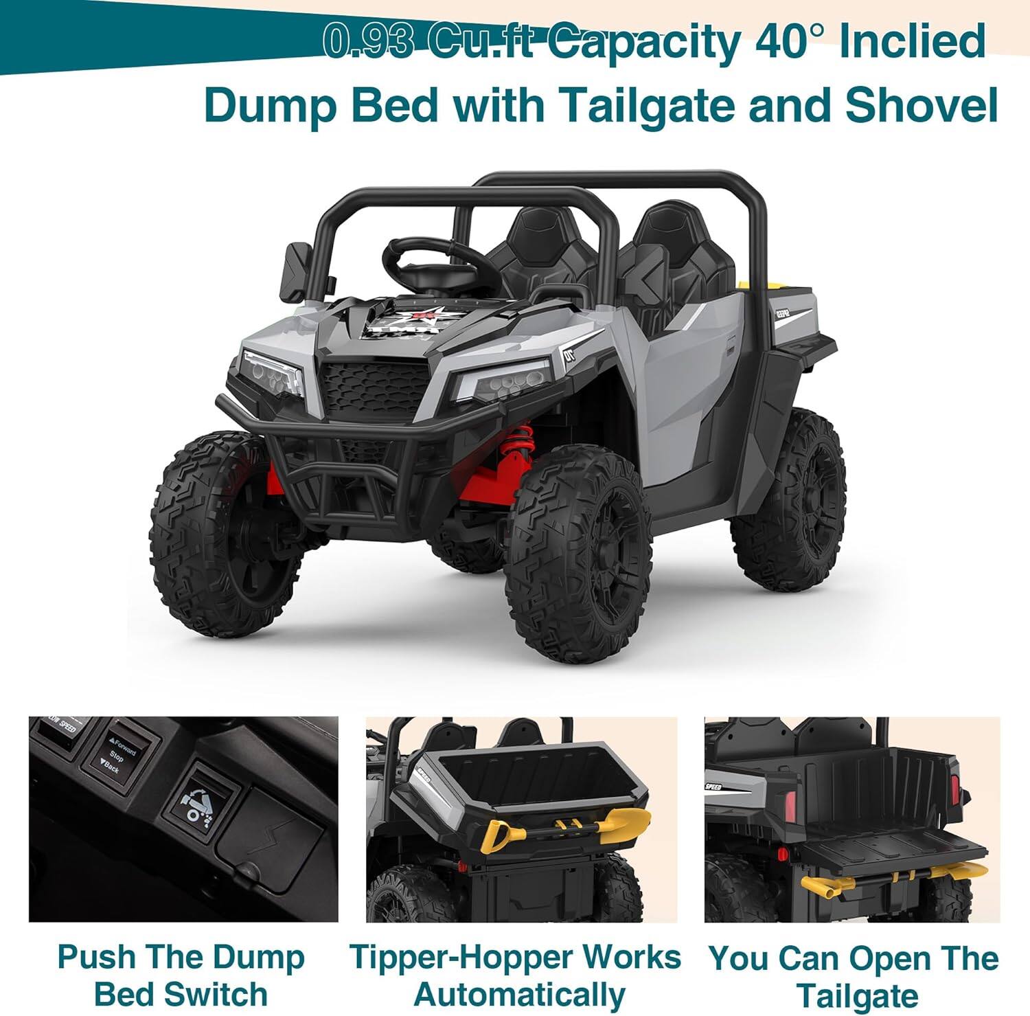 0.93 Cu.ft Capacity 40° Inclined Dump Bed with Tailgate and Shovel

Push The Dump Bed Switch

Tipper-Hopper Works Automatically

You Can Open The Tailgate