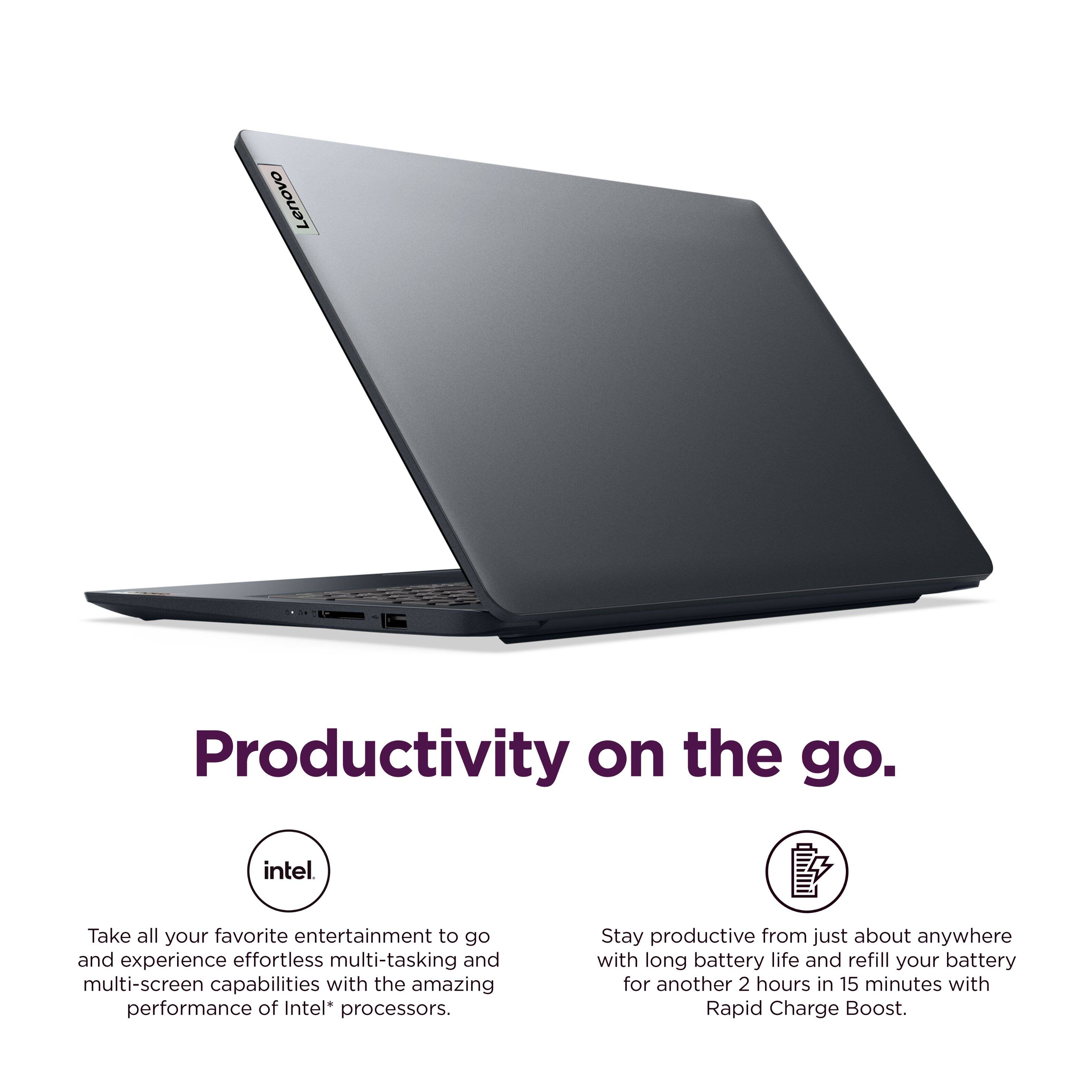 Lenovo Productivity on the go. Intel. Take all your favorite entertainment to go and experience effortless multi-tasking and multi-screen capabilities with the amazing performance of Intel* processors. Stay productive from just about anywhere with long battery life and refill your battery for another 2 hours in 15 minutes with Rapid Charge Boost.