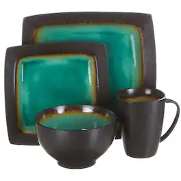 Gibson - Ocean Paradise 16 Piece Square Stoneware Dinnerware Set in Jade - Green