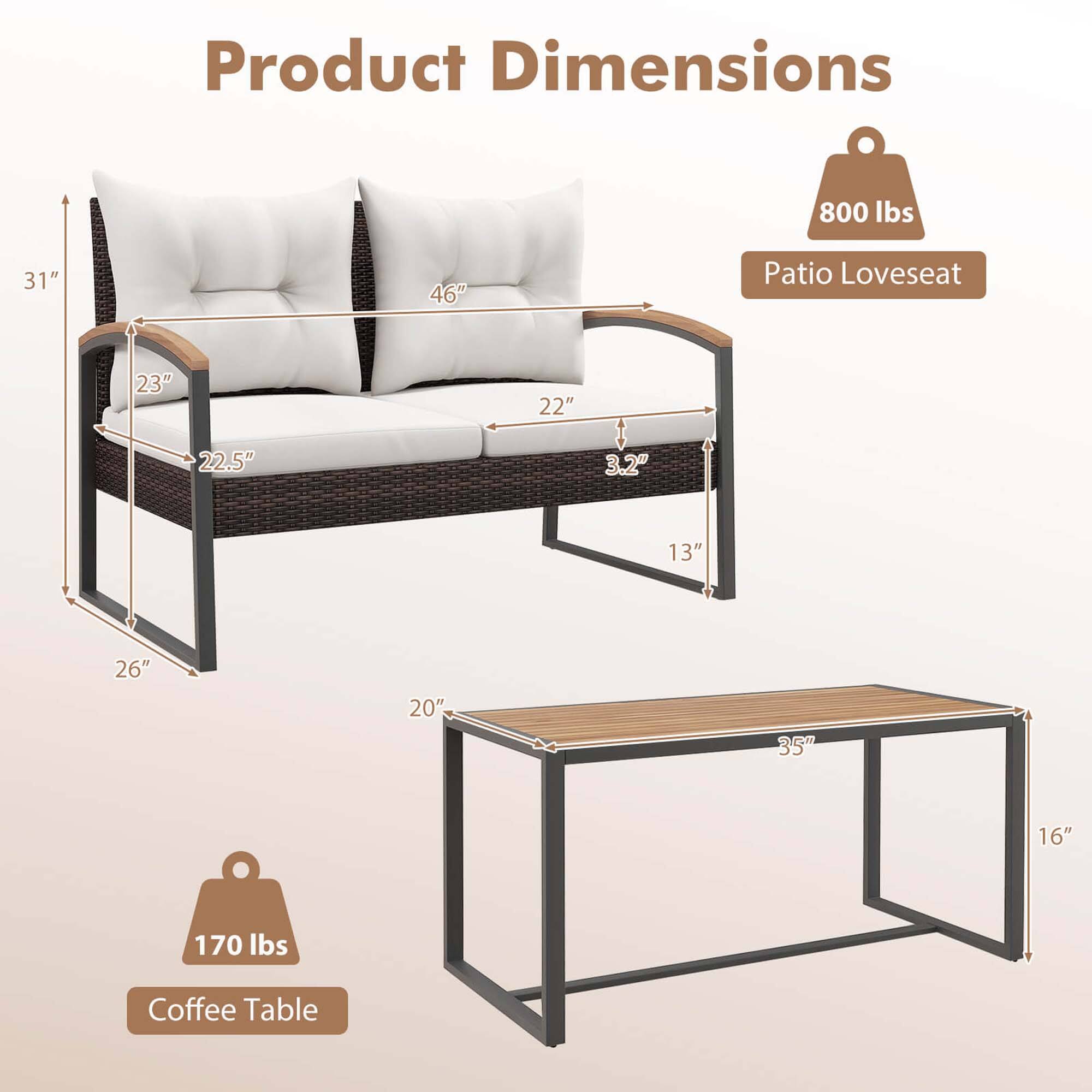 Product Dimensions

Patio Loveseat
800 lbs
31"
46"
23"
22"
22.5"
3.2"
13"
26"
20"
35"
16"

Coffee Table
170 lbs