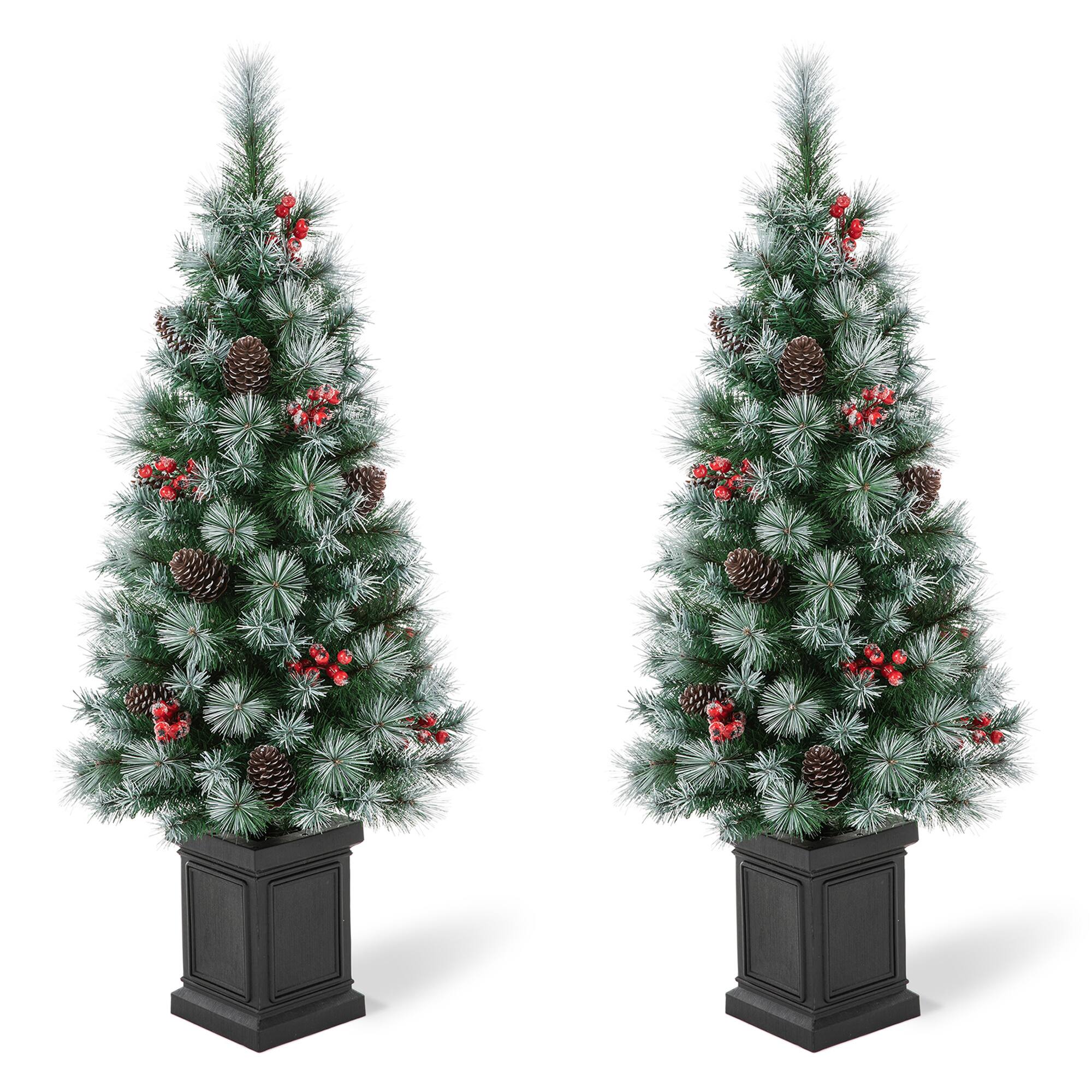Angle. Glitzhome - Set of Two 4ft Flocked Christmas Tree With 100 Warm White Light, Pinecone and Berries - White.