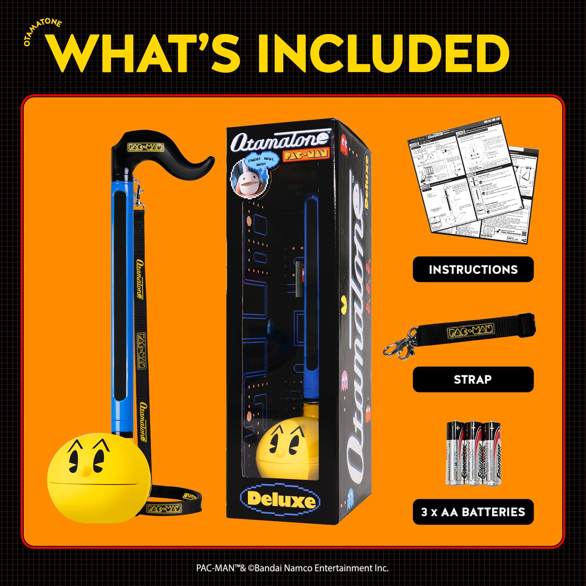 **WHAT'S INCLUDED**

- **Atamalone P MIN PAC-VAN**
- **INSTRUCTIONS**
- **FAC-MAN STRAP**
- **3 x AA BATTERIES**

PAC-MAN® & ©Bandai Namco Entertainment Inc.
