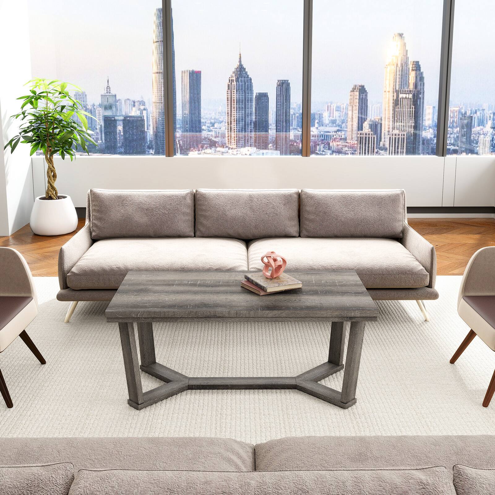 Alt View 8. Gymax - Gymax Coffee Table Solid Rubber Wood Center Table w/ Cross-Shaped Base Accent Table - Gray.