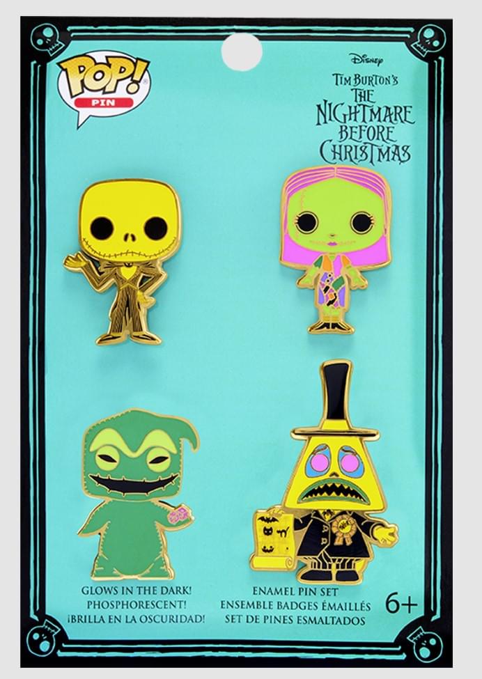 Sure, here is the corrected and grouped text from the image:

---

**POP! PIN**

**Disney Tim Burton's The Nightmare Before Christmas**

**GLOWS IN THE DARK! PHOSPHORESCENT! BRILLA EN LA OSCURIDAD!**

**ENAMEL PIN SET ENSEMBLE BADGES ÉMAILLÉS SET DE PINES ESMALTADOS**

**6+**

---
