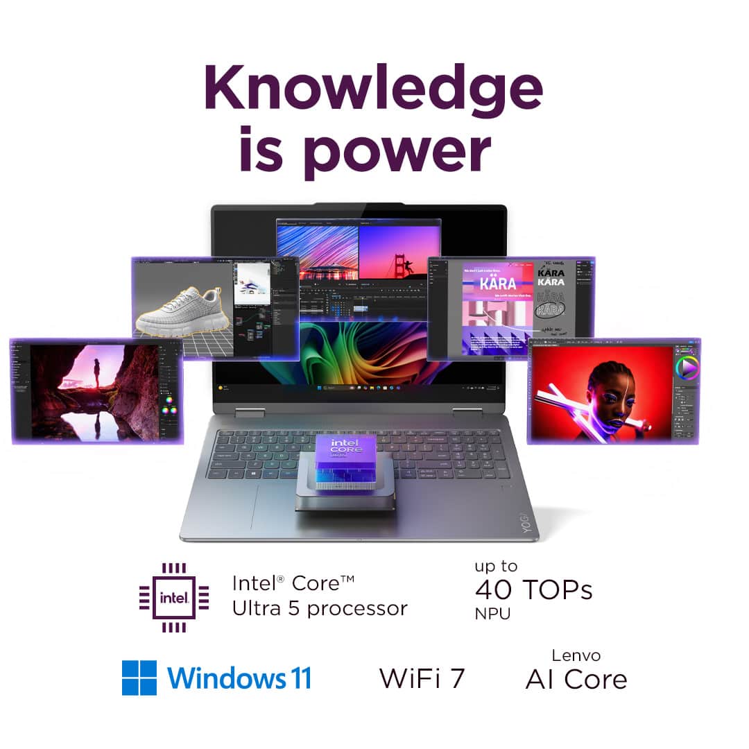 Knowledge is power - - - : KARA KRA KARA A A : - I - - . - - - + intel CORE - - - . - - - a . I . - I - - - - - I . - YOG/ intel Intel CoreM Ultra 5 processor up to 40 TOPs NPU Windows 11 WiFi 7 Lenovo AI Core