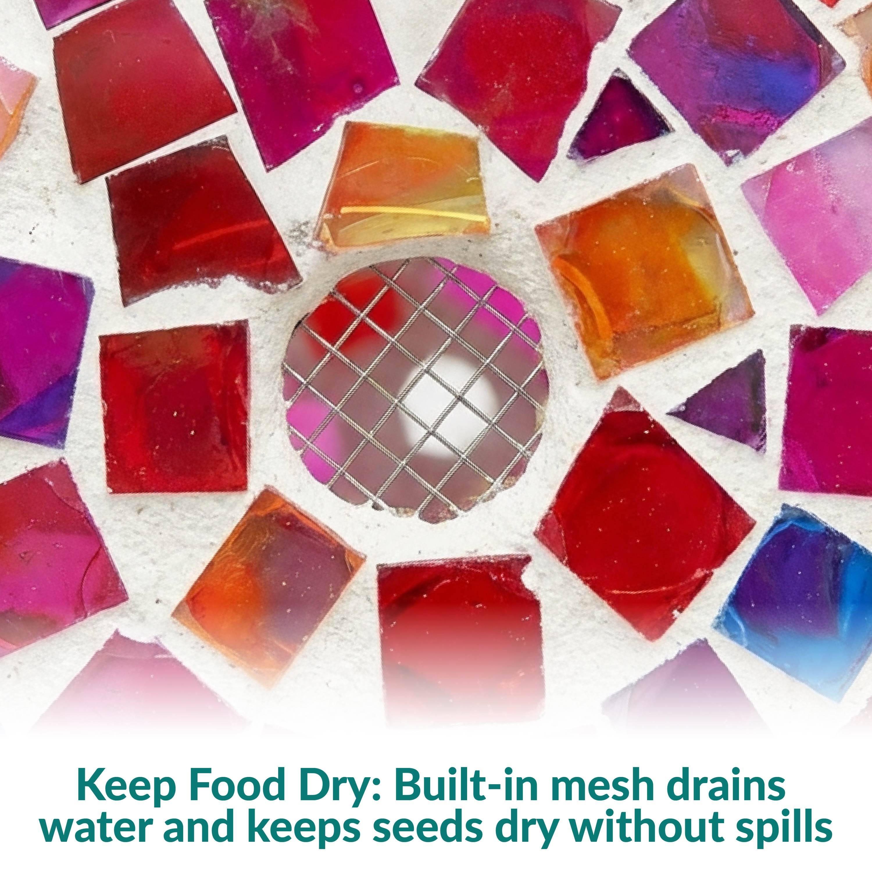 Keep Food Dry: Built-in mesh drains water and keeps seeds dry without spills