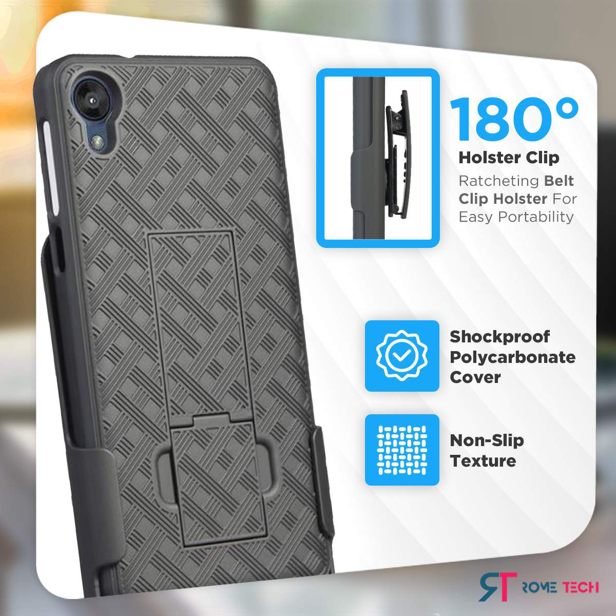 180° Holster Clip  
Ratcheting Belt Clip Holster For Easy Portability  
Shockproof Polycarbonate Cover  
Non-Slip Texture  

STROME TECH