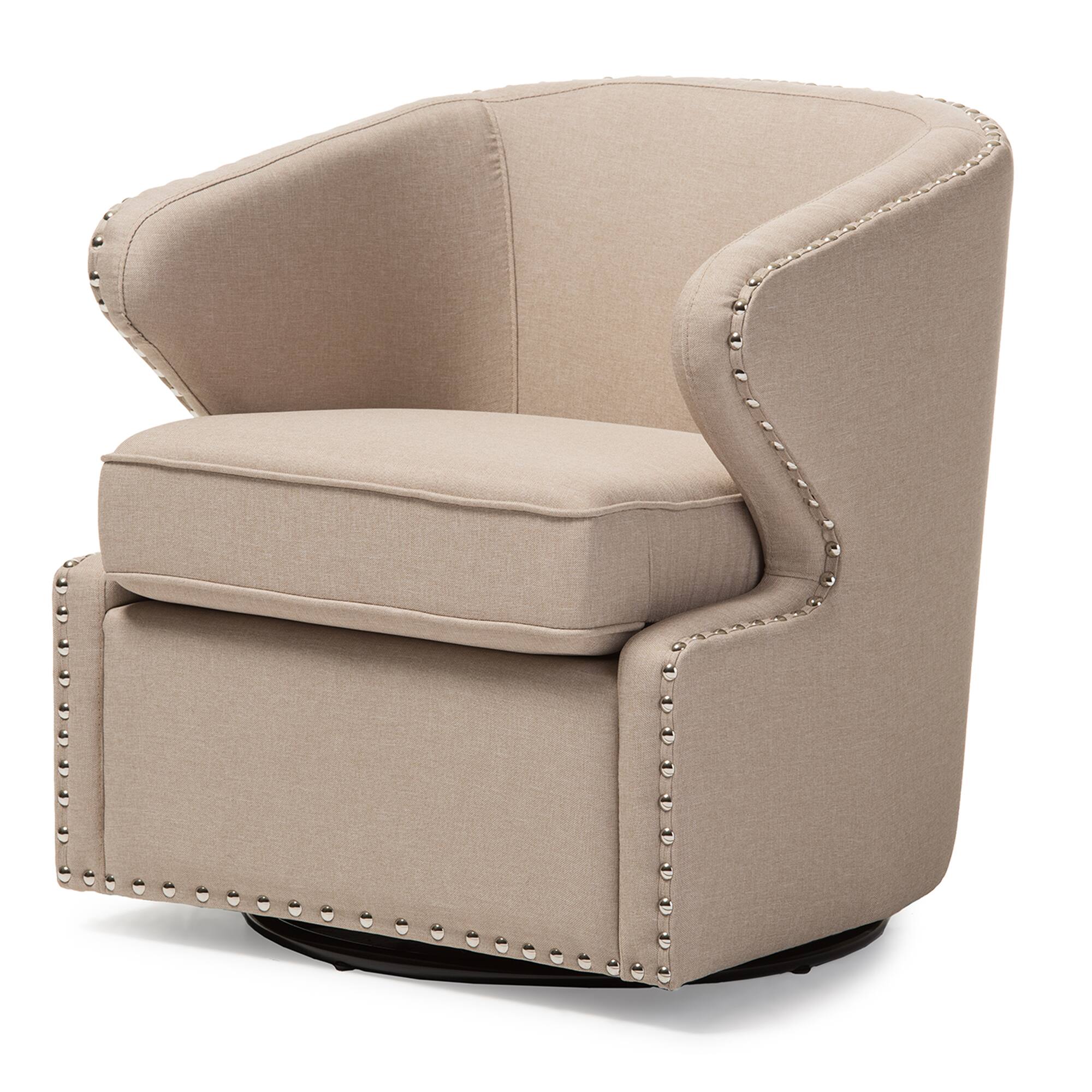 Angle. Baxton Studio - Finley Mid-century Modern Fabric Upholstered Swivel Armchair - Beige.