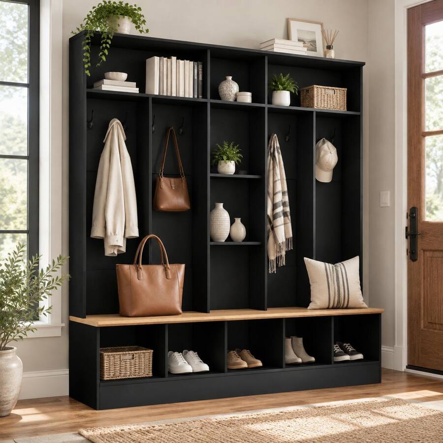 516789 RYHNUYNE ON TREND Wide Hall Tree, Storage Bench, Shoe Cabinet, 8 Hooks ...