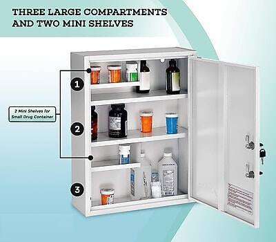 THREE LARGE COMPARTMENTS AND TWO MINI SHELVES

1
2 Min Shelves for Small Drug Container
2
3