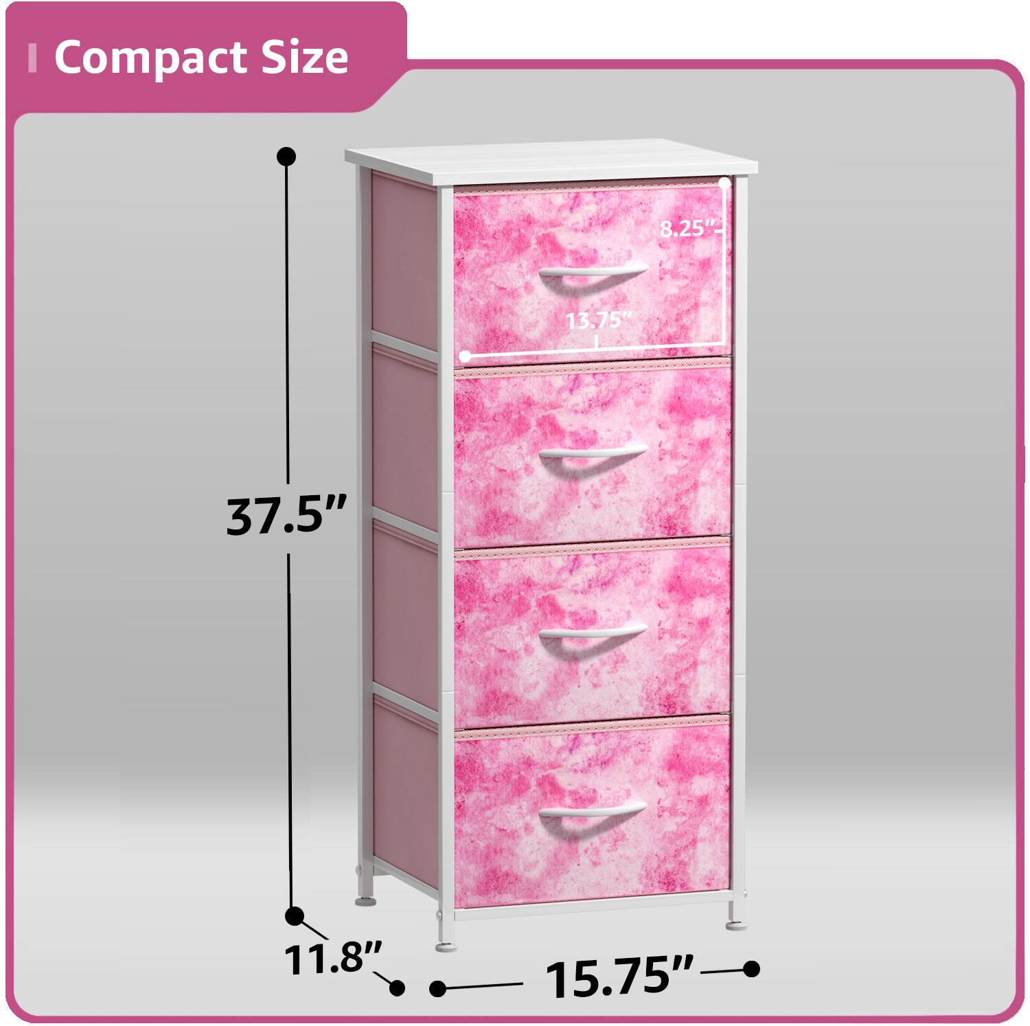 Compact Size

- Height: 37.5"
- Width: 15.75"
- Depth: 11.8"
- Drawer Height: 8.25"
- Drawer Width: 13.75"